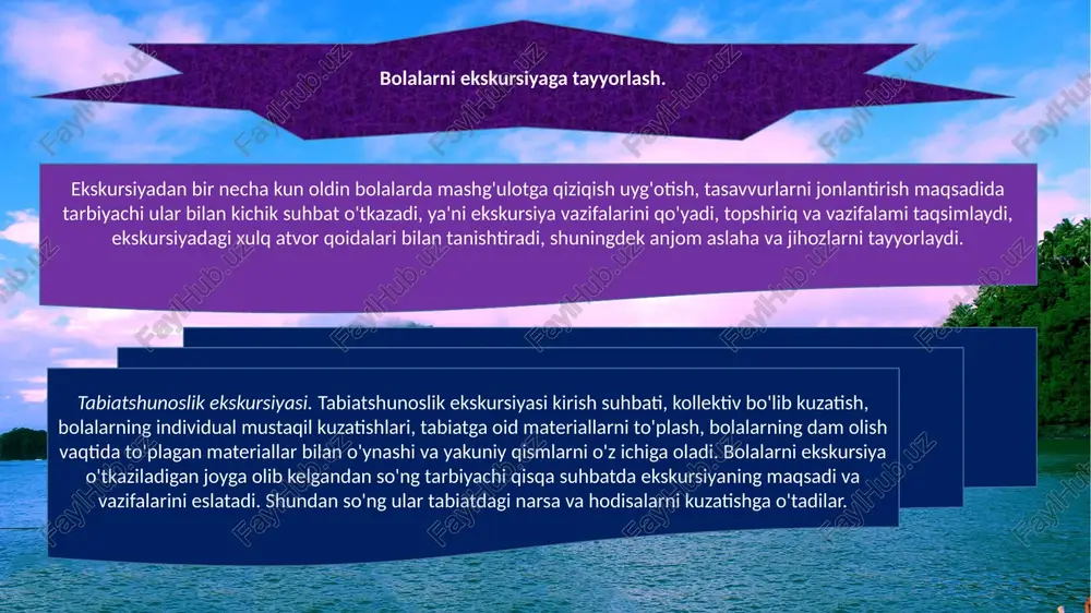 va turlarni o'z ichiga oladi, ularning har biri kashfiyot, boyitish va shaxsiy o'sish uchun noyob imkoniyatlar to'plamini taqdim etadi. biror kishi madaniy ekspeditsiyaga chiqsa, sarguzashtli qochishga yoki sokin muhitda dam olishga intilishidan qat'i nazar, sayohat harakati bir joydan ikkinchi joyga shunchaki harakatlanishdan ustun turadi; bu o'z-o'zini kashf qilish sayohatiga aylanadi. har xil turdagi sayohatlar odamlarning ko'p qirrali qiziqishlari va afzalliklariga mos keladi. sarguzashtli sayohatlar ruhni jonlantiradi va jonlantiradi, madaniy sayohatlar xilma-xillikni tushunish va qadrlashni chuqurlashtiradi va dam olish sayohatlari juda zarur bo'lgan dam olish va yoshartirishni ta'minlaydi. ishbilarmonlik sayohati professional aloqalarni osonlashtiradi, barqaror sayohat esa odamlar va atrof-muhit o'rtasidagi uyg'un munosabatlarni rivojlantiruvchi mas'uliyatli turizm amaliyotlarini targ'ib qiladi. oxir oqibat, sayohat - bu dinamik va doimiy rivojlanayotgan hodisa bo'lib, u kashf qilishni xohlaydiganlar uchun imkoniyatlarni taqdim etadi. bu yakkaxon sarguzasht, oilaviy ta'til yoki guruh ekspeditsiyasi bo'ladimi, sayohatning mohiyati nafaqat maqsadda, balki o'zgartiruvchi sayohatning o'zida hamdir. foydalanilgan adabiyotlar: 1.shanasirova "tabiat bilan tanishtirish“ …