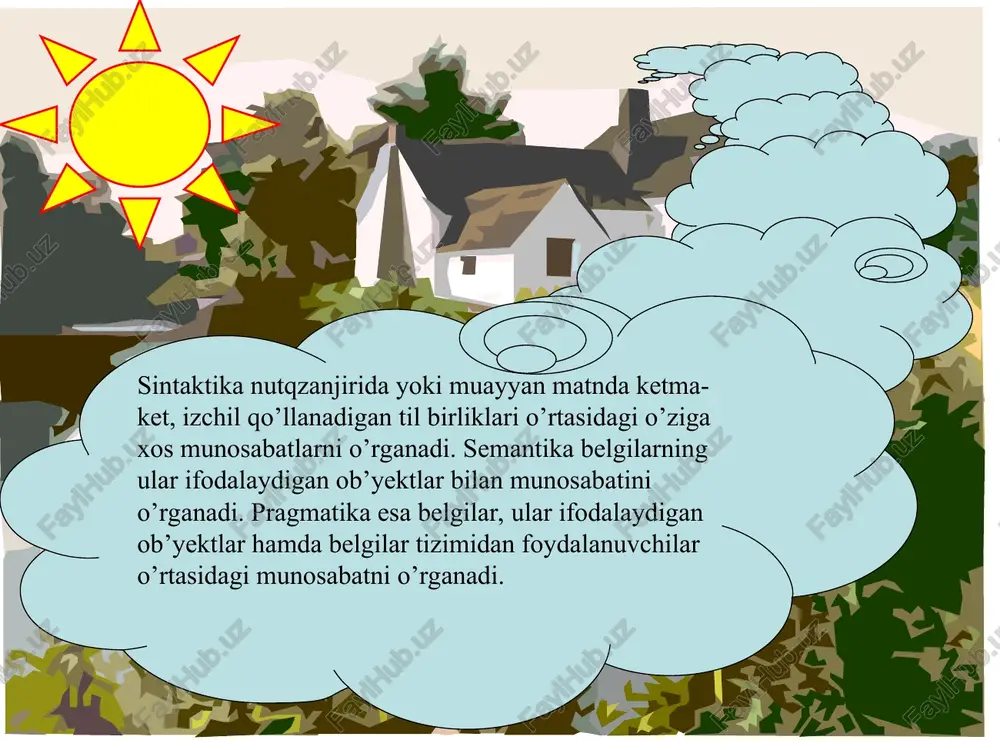 yat sifatida yondashishga asos bor. ikkinchi qarash bo‘yicha esa – yo‘q. shuning uchun ham belgining ikki tomonli ekanligini himoya qiluvchilar belgi haqidagi ikkinchi qarashni tanqid qiladilar. ma’noni tushuncha bilan bir xil holda in’ikos kategoriyasi sifatida, ayni paytda, ong fakti sifatida tan olish ma’noni belgi tarkibiga kiritishga monelik qiladi va belgini bir tomonlama mohiyat deb qarashga asos bo‘lib xizmat qiladi. ma’no ong fakti sifatida «ideal narsa» (harakat, belgi, miqdor va boshqalar), «aqliy predmetdir» . ma’no «aqliy predmet» sifatida xuddi tushuncha kabi turlicha bo‘lishi mumkin: a) tashqi olamning (turli darajadagi aniqlik va adekvatlik bilan) kopiyasi. masalan, «daraxt» ma’nosi ongda konkret predmetlar sinfining, «yurmoq» ma’nosi real harakatlar sinfining aks etishidir; b) tashqi olamni buzilgan holda aks ettirish yoki ijodiy fantaziya natijasi: dev, suv parisi va boshqalar. ma’noning birinchi tipida d-a-r-a-x-t tovush qatori har qayday real predmetni aks ettirish uchun qo‘llanilishi mumkin. bu holda belgi, ya’ni d-a-r-a-x-t tovush qatori o‘zidan tashqaridagi ma’lum narsa haqida …