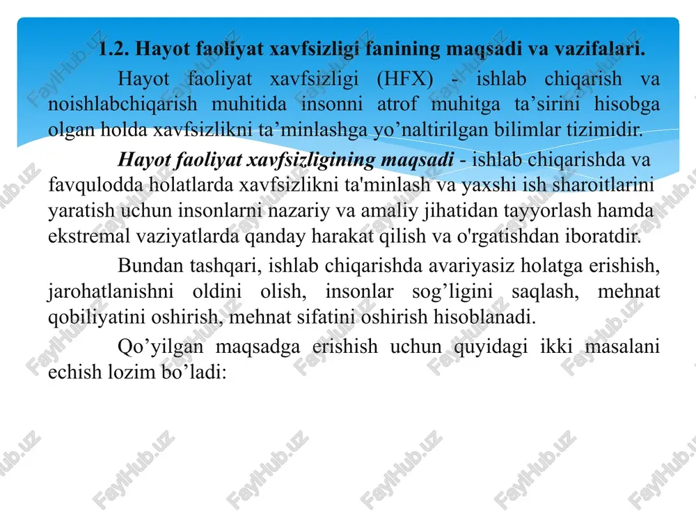 gicha sinflanadi: 1. kelib chiqish tabiatiga ko’ra xavflar: tabiiy, texnikaviy, antropogen (inson bilan bog’liq), ekologik va boshqalarga bo'linadi; 2. maxsus standartlar bo'yicha: fizikaviy, kimyoviy, biologik va psixofiziologik; 3. salbiy oqibatlarning vaqt bo'yicha kelib chiqishiga ko'ra xavflar impulsli va kumulyativ (inson organizmida yig'iluvchi) bo'ladi; 4. olib keluvchi oqibatiga ko'ra: toliqish, kasallanish, jarohatlanish, halokat, yong'in va o'lim xavflari; 5. keltiruvchi zarariga ko'ra: ijtimoiy, texnik, ekologik; 6. yakkalashi bo'yicha: litosfera, gidrosfera, atmosfera va kosmos bilan bog’liq bo’lgan xavflar; 7. kelib chiqish sohasiga ko'ra: turmushda, sportda, yo'l transportida, ishlab chiqarishda, yuzaga keladigan xavflarga bo’linadi; 8. tuzilishiga ko’ra xavflar oddiy va hosil qilingan (oddiylarning ta'sirida hosil qilingan) bo’ladi; 9. insonga ta'sir qilish harakteriga qarab faol (aktiv) va sust (passiv) xavflar bo’ladi. 1.5. faoliyat xavfsizligini ta’minlashning ergonomik asoslari ergonomika - mehnat qonuniyatlari va ishchi jarayonlar haqidagi fandir. ergonomika tushunchasi grekcha “ish va qonun” degan so'zlardan kelib chiqqandir. ergonomika so'zini birinchi bo'lib, 1875- yili o'zining “ergonomika jihatilari, …