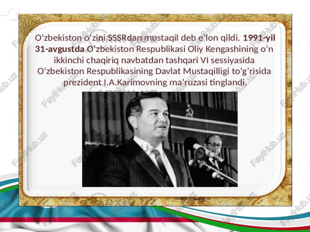 ustaqilligini e’lon qiladi“. o‘zbekiston ssr ning davlat mustaqilligi: o‘zbekiston ssr demokratik davlatining o‘z hududida, barcha tarkibiy qismlarida va barcha tashqi munosabatlarda tanho hokimligidir. o‘zbekiston ssrning davlat hududi chegarasi daxlsiz va bu hudud xalqning muhokamasiga qo‘yilmay turib, o‘zgartirilishi mumkin emas. sssr oliy soveti qabul qiladigan qarorlar o‘zbekiston ssr konstitutsiyasiga muvofiq o‘zbekiston ssr oliy kengashitomonidan tasdiqlangandan keyingina o‘zbekiston hududida kuchga ega bo‘ladi. o‘zbekiston ssr davlat hokimiyati vakolatiga o‘zbekiston ssr ichki va tashqi siyosatiga tegishli barcha masalalar kiradi. o‘zbekiston ssr xalqaro huquqning asosiy prinsiplarini tan oladi, hurmat qiladi va hokazo. mustaqillik deklaratsiyasining qabul qilinishi mamlakatimizning tom ma’nodagi, haqiqiy mustaqillikka erishish yo‘lida muhim ahamiyatga ega bo‘ldi. shundan e’tiboran mamlakatimizning siyosiy, iqtisodiy va ma’naviy hayotiga doir masalalar mustaqil tarzda hal etila boshlandi. o‘zbekistonning mustaqillik sari inti¬layotgani uning yangi ittifoq shart¬nomasini ishlab chiqish jara-yoniga res¬¬pub¬lika manfaati nuqtayi nazaridan kelib chiqqan holda, qat’iylik bilan yondashayotganida yaqqol namoyon bo‘ldi. sobiq ittifoqqa kiruvchi respublikalar rasman teng va suve¬ren deb …