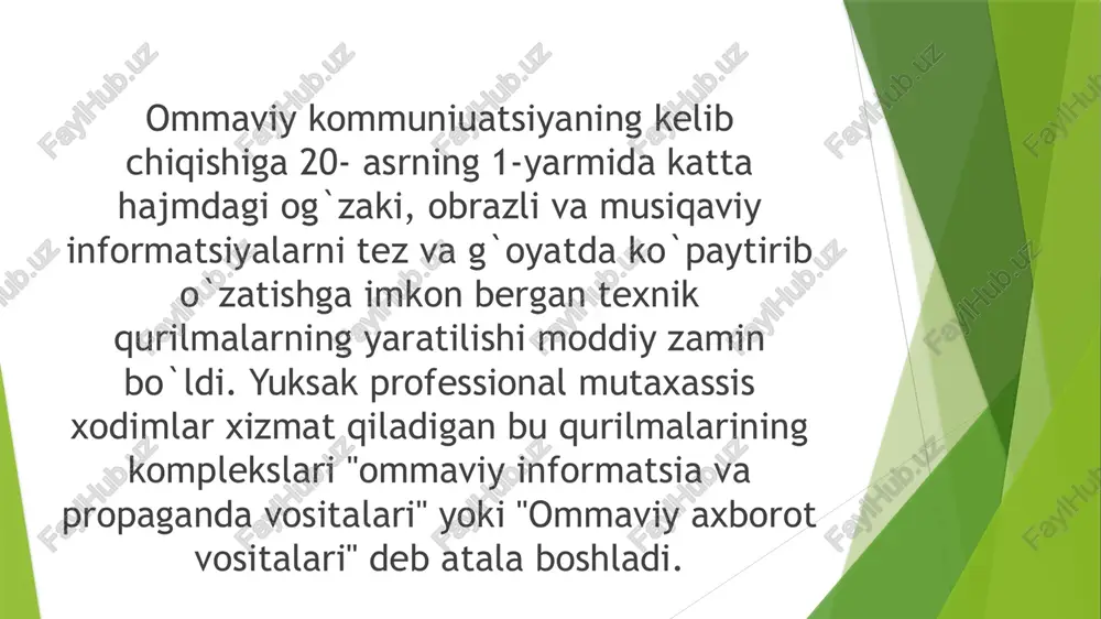 toriya nafaqat hayotimizning ijobiy tomonlarini yoritayotgan, balki u yoki bu masaladagi xatoliklarni yoritayotgan jurnalistlarni qo`llab-quvvatlashi kerak. adabiyotlar ro`yxati: karimov i.a. «o`zbekiston: milliy istiqlol, iqtisod, siyosat, mafkura»,1-jild, toshkent, «o`zbekiston» nashriyoti,1996 yil «bizdan ozod va obod vatan qolsin», 2-jild, karimov i.a. «o`zbekiston xx1 asr bo`sag`asida: xavfsizlikka tahdid, barqarorlik shartlariva taraqqiyot kafolatlari» toshkent, «o`zbekiston» nashriyoti, 1997 yil karimov i.a. «jamiyatimiz mafkurasi xalqni-xalq, millatni- millat qilishga xizmat etsin», «tafakkur» jurnali bosh muharriri savollariga javoblar 1998 yil, 2-son karimov i.a. «olloh qalbimizda, yuragimizda»toshkent, «o`zbekiston» nashriyoti, 1999 yil. www.tuit.uz www.uzedu.uz www.ziyonet.uz eʼtiboringiz uchun rahmat! image1.jpeg image2.jpeg image3.png image4.jpeg image5.jpeg image6.jpeg image7.jpeg image8.jpeg image9.jpeg