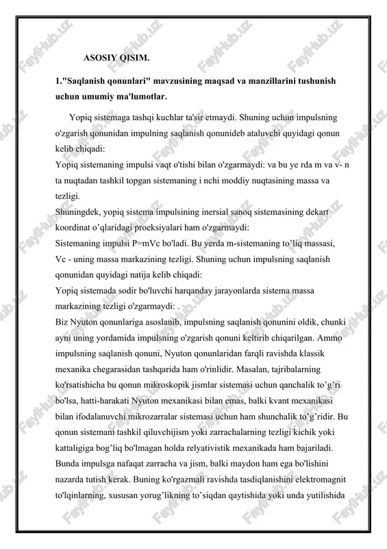 va unga impulsning saqlanish qonunini qo'llash mumkin. urilayotgan jismlar sirtining ularning tegish nuqtasiga o'tkazilgan umumiy normal urilish chizig’i deyiladi. agar urilish oldidan urilayotgan jismlarning massa markazlarining tezligi urilish chizig’iga parallel bo'lsa, to’g’ri urilish deyiladi. agar urilayotgan jismlarning massa markazlari urilish chizig’ida yotsa, urilish markaziy deyiladi. agar urilishdan keyin jismlar bir butun holda, ya'ni bir xil tezlikda harakatlansa, to’g’ri markaziy urilish mutloq noelastik urilish deyiladi. agar urilishigacha jismlarning tezliklari v1 va v2, ularning massalari m1 va m2 bo'lsa, impulsning saqlanish qonuniga binoan bu jismlarning mutloq noelastik to’g’ri markaziy urilishdan keyingi ilgarilanma harakat tezligi bo'ladi. formula to’g’ri markaziy bo'lmagan mutloq noelastik urilish holida urilishda birlashgan jismlarning massa markazi tezligini topishga imkon beradi. ammo bunday urilish natijasida impuls momentining saqlanish qonuniga bo'ysunuvchi sisemaning massa markazi atrofida aylanishi paydo bo'lishi ham mumkin, biz impuls momentining saqlanish qonunini ko'ramiz. 4. noelastik urilishda urilgan jismlarda turli xil jarayonlar sodir bo'lishi (ularning plastik deformatsiyasi, ishqalanishva boshqalar) natijasida …