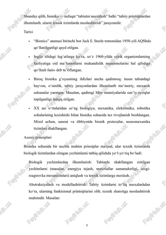 ga mos “qiynalmagan” robot tizimlari. bu yo‘nalish ayniqsa reabilitatsiya, tibbiyot va inson bilan yaqin aloqada bo‘lgan robototexnika sohalarida muhim. biohybrid tizimlar biologik to‘qima yoki hujayralar bilan sun’iy komponentlarning integratsiyasi. masalan, mikrorobotlar ichida tirik hujayralar, sun’iy va biologik elementlar birikmasi. bu yo‘nalish hali keng masshtabda amaliy qo‘llanilmagan bo‘lsa-da, kelajakda innovatsion muolajalar va ilg‘or tizimlar uchun istiqbolli hisoblanadi. texnologik yondashuvlari bionika texnologik jihatdan bir qancha yondashuvlarga tayangan. quyida ularning eng muhimlari: sensor-sezgi modullari va aktuatatsiya tirik organizmlarda sezgi organsiz harakat samarali bo‘lmasligi mumkin. shu sababli bionika sohasida “sun’iy sezgi” — sensorlar (masalan, optik tactile sensorlar) va “sun’iy mushaklar” — aktuatorlar rivojlanyapti. misol uchun, “neurotac” deb nomlangan optik tactile sensor — inson terisidagi papillar tuzilishini imitatsiya qiluvchi sensor bo‘lib, robotlarda yoki protezalarda sezgi funksiyasini yaxshilashga yo‘naltirilgan. asab-mashina interfeyslar (neural interfaces / brain-computer interfaces, bci) insonga sun’iy qo‘lni mushak signallari orqali boshqarish imkonini beradigan usullar. bu yo‘nalishda miyadan yoki mushaklardan signallarning olinishi, algoritmlar orqali …