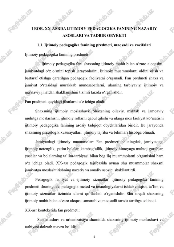 ifalari: ijtimoiy pedagogika fanining vazifalari xx-asr pedagogik jarayonida fan maqsadlariga erishishda aniq qadamlar sifatida belgilangan. ular quyidagilarni o‘z ichiga oladi: shaxsning ijtimoiy va ma’naviy rivojlanishini ta’minlash: fan shaxsning ijtimoiy moslashuvi, shaxsiy xususiyatlari, psixologik va emotsional rivojlanishi bilan bog‘liq jarayonlarni o‘rganadi va targ‘ib qiladi. jamiyat va pedagogik tizim o‘rtasidagi aloqalarni o‘rganish: fan jamiyatdagi ijtimoiy muammolarni tahlil qiladi va pedagogik faoliyat orqali ularni bartaraf etish yo‘llarini ishlab chiqadi. pedagogik faoliyat va amaliyotlarni ishlab chiqish: fan metod va texnologiyalarini ishlab chiqadi, ularni ta’lim muassasalari, ijtimoiy xizmatlar va profilaktika tizimida qo‘llashni yo‘lga qo‘yadi. ijtimoiy muammolarni profilaktika qilish va bartaraf etish: fan yetim bolalar, kam ta’minlangan oilalar va ijtimoiy himoyaga muhtoj guruhlar bilan ishlash orqali ijtimoiy barqarorlikni ta’minlaydi. shaxs va jamiyat o‘rtasidagi ijtimoiy hamkorlikni rivojlantirish: shaxsning jamiyatdagi ijtimoiy faolligi va mas’uliyatini oshirish, jamoaviy ishlarda ishtirokini ta’minlash. xx-asr kontekstida maqsad va vazifalarning ahamiyati: yevropada va rossiyada pedagogik tajribalar shaxsni jamiyatga moslashtirish, yetim bolalar va ijtimoiy himoyaga …