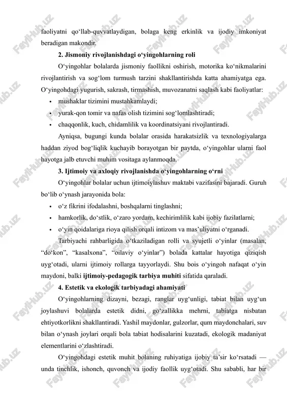 bolalar yoshiga mos, xavfsiz, mustahkam materiallardan tayyorlangan bo‘lishi kerak. 2. estetik tamoyil: o‘yingoh chiroyli, toza, ranglar uyg‘unligiga ega bo‘lishi zarur. 3. rivojlantiruvchi tamoyil: o‘yingohdagi har bir element bolani harakatga, fikrlashga yoki ijodkorlikka undashi kerak. 4. gigiyenik tamoyil: maydon tozaligi, qum, suv, o‘yinchoqlarning muntazam dezinfeksiyasi ta’minlanishi lozim. 5. ekologik tamoyil: yashil hudud, daraxtlar, gulzorlar bolalarda tabiatni sevish hissini tarbiyalaydi. o‘yingohlar, odatda, quyidagi qismlardan iborat bo‘ladi: · harakatli o‘yinlar maydoni; · qum va suv bilan o‘ynash joyi; · dam olish burchagi (soya joylar, skameykalar); · ekologik burchak (o‘simlik va hayvonlar kuzatuvi uchun joy). maktabgacha ta’lim tashkilotlari (mtt)da o‘yingohlar bolaning har tomonlama rivojlanishida muhim pedagogik va psixologik ahamiyat kasb etadi. chunki o‘yin faoliyati — bu bola uchun tabiiy, ixtiyoriy va rivojlantiruvchi faoliyat shakli bo‘lib, uning jismoniy, intellektual, ijtimoiy va hissiy o‘sishiga bevosita ta’sir qiladi. shu sababli o‘yingohlarni tashkil etish faqat texnik yoki dizaynerlik masalasi emas, balki pedagogik tamoyillar asosida puxta o‘ylangan tizimli jarayondir. …