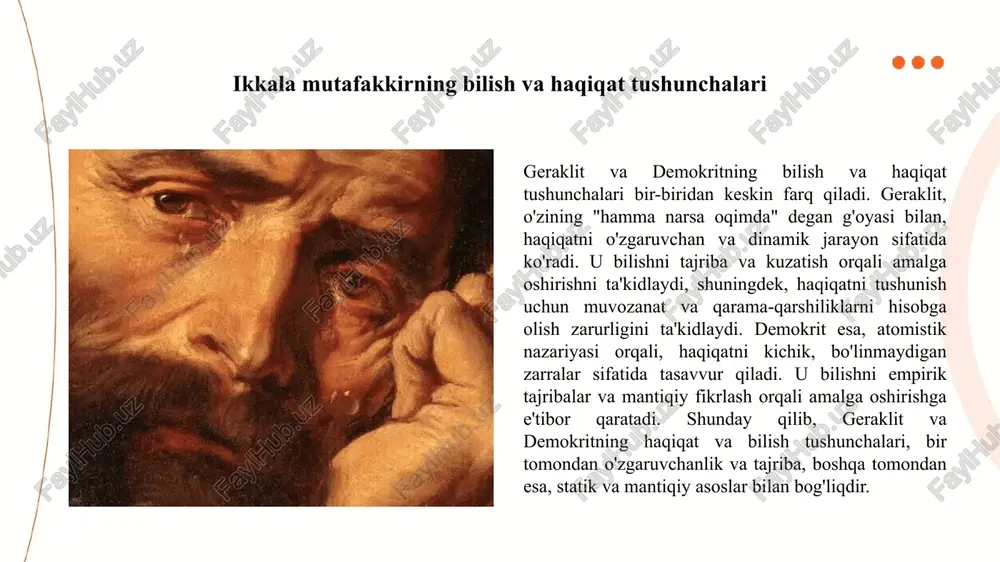 geraklit, har bir narsaning doimiy o'zgarish jarayonida mavjudligini ta'kidlagan holda, tashqi olamni dinamik sifatida qabul qiladi. unga ko'ra, tabiatdagi barcha jarayonlar doimo harakat va o'zgarishda bo'ladi. boshqa tomondan, demokrit, atomlar nazariyasi orqali tashqi olamni statik va oddiy elementlarga ajratadi. u, tashqi olamdagi har bir narsaning atomlardan iborat ekanligini va bu atomlar o'zgarmaydigan, lekin ularning birikmalari o'zgaruvchanligini ta'kidlaydi. shu bilan birga, ularning yondashuvlari o'zaro to'qnashuvda koinot va uning mohiyatini tushunish uchun muhim ahamiyatga ega. tajribaviy va mantiqiy fikr yuritishdagi farq geraklit va demokrit falsafiy tizimlarining asosiy farqlaridan biri tajribaviy va mantiqiy fikr yuritish uslublarida yotadi. geraklit o'z nazariyalarini ko'proq tajribaviy kuzatuvlarga asoslagan bo'lsa, demokrit esa mantiqiy va matematik usullarni qo'llagan. geraklit, o'zgarish va doimiylikni o'z ichiga olgan dunyoqarashi bilan, tasavvuriy hodisalarni tajribaviy asosda baholashga intilgan. uning nuqtai nazariga ko'ra, har bir hodisa o'zgarish bilan bog'liq bo'lib, bu o'zgarishlar real hayotdagi tajribalar orqali anglanadi. demokrit esa, atomistik nazariyasi orqali, materiyaning asosiy qismlarini …