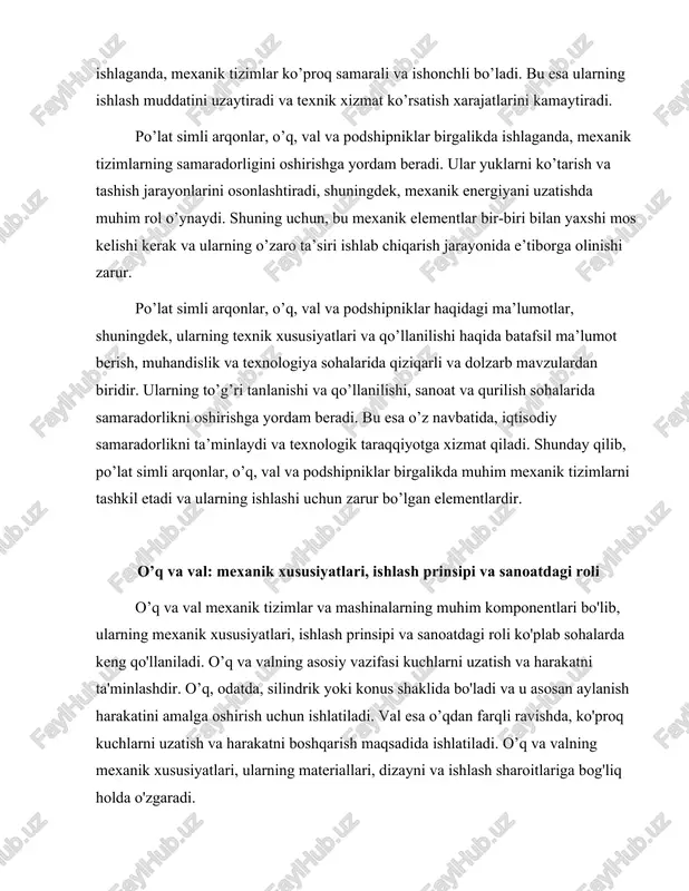 ish maqsadida ishlatiladi. o’q va valning mexanik xususiyatlari, ularning materiallari, dizayni va ishlash sharoitlariga bog'liq holda o'zgaradi. o’qning mexanik xususiyatlari, asosan, uning materialiga, diametriga va uzunligiga bog'liq. o’qlar ko'pincha po'lat, alyuminiy yoki plastmassadan tayyorlanadi. po'lat o’qlar yuqori kuchlanish va egilish qobiliyatiga ega bo'lib, ularning mexanik xususiyatlari ko'pincha yuqori. o’qning qattiqligi va elastikligi uning ishlash muddatini belgilaydi. o’qning asosiy mexanik xususiyatlari ichida qattiqlik, kuchlanish, egilish va burilish qobiliyatlari mavjud. o’qning qattiqligi, odatda, uning materialining ichki tuzilishi bilan bog'liq bo'lib, bu tuzilish qattiq va mustahkam bo'lishi kerak. valning mexanik xususiyatlari ham o’q kabi materialga bog'liq. valning asosiy vazifasi kuchlarni uzatishdir, shuning uchun u yuqori kuchlanish va egilish qobiliyatiga ega bo'lishi kerak. valning uzunligi va diametri ham uning mexanik xususiyatlariga ta'sir qiladi. valning qattiqligi, egilish va burilish qobiliyati uning ishlash muddatini belgilaydi. valning materiallari, asosan, po'lat, alyuminiy va kompozit materiallardan iborat bo'lib, har bir materialning o'ziga xos afzalliklari va kamchiliklari mavjud. o’q va …