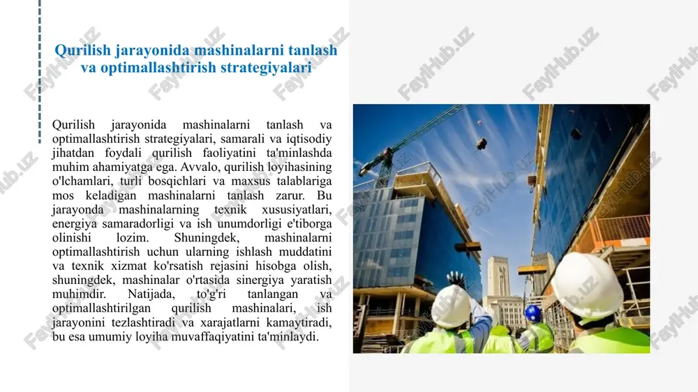 ilgan adabiyotlar 1. 1. abdullayev, a. (2020). qurilish mashinalarini hisoblash va loyihalash. toshkent: o‘zbekiston davlat qurilish universiteti nashri. 2. 2. murodov, sh. (2019). qurilish texnikasi va mashinalarini hisoblash asoslari. toshkent: o‘zbekiston milliy universiteti nashri. 3. 3. qodirov, b. (2021). qurilish mashinalarining samaradorligini hisoblash metodlari. samarqand: samarqand davlat universiteti nashri. 4. 4. tursunov, d. (2018). qurilish mashinalarini hisoblashda zamonaviy yondashuvlar. toshkent: o‘zbekiston texnika universiteti nashri. 5. 5. ismoilov, r. (2022). qurilish mashinalari va ularning hisoblash usullari. buxoro: buxoro davlat universiteti nashri. 6. 6. karimov, f. (2023). qurilish mashinalarini hisoblash va ularning ishlash samaradorligi. toshkent: o‘zbekiston davlat arxitektura va qurilish universiteti nashri. 7. 7. xudoyberdiyev, s. (2021). qurilish texnikasini hisoblash va foydalanish. farg‘ona: farg‘ona davlat universiteti nashri. image1.jpg image2.jpg image3.jpg image4.jpg image5.jpg image6.jpg 02 ma2024 - 1 02 ma2024 - 3 02 ma2024 - 2 /docprops/thumbnail.jpeg