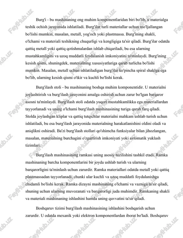 ishlashini hamda uning quvvatini ta'sir qiladi. boshqaruv tizimi burg'ilash mashinasining ishlashini boshqarish uchun zarurdir. u odatda mexanik yoki elektron komponentlardan iborat bo'ladi. boshqaruv tizimi orqali operator mashinaning tezligini, burg'ilash chuqurligini va boshqa parametrlarni o'zgartirishi mumkin. zamonaviy burg'ilash mashinalarida ko'pincha raqamli boshqaruv tizimlari qo'llaniladi, bu esa operatorlarga aniq va qulay boshqaruv imkoniyatlarini taqdim etadi. boshqaruv tizimlari shuningdek, xavfsizlik funksiyalarini ham o'z ichiga olishi mumkin, masalan, avtomatik to'xtatish tizimlari, agar mashina juda yuqori yuk ostida qolsa yoki boshqa muammolar yuzaga kelsa. burg'ilash mashinalarining dizayni va qurilishi ishlab chiqaruvchiga qarab farq qiladi. ba'zi mashinalar kichik va portativ bo'lib, uyda foydalanish uchun mo'ljallangan, boshqalari esa sanoat darajasida kuchli va murakkab bo'lishi mumkin. har bir burg'ilash mashinasi o'zining maxsus vazifalariga mos ravishda ishlab chiqilgan va foydalanuvchilarga turli xil materiallar bilan ishlash imkoniyatini beradi. burg'ilash mashinalarining samaradorligi va uzoq muddatli xizmat ko'rsatishi uchun ularning muntazam texnik xizmat ko'rsatish va tozalash talab etiladi. mashina komponentlarining to'g'ri ishlashi, …