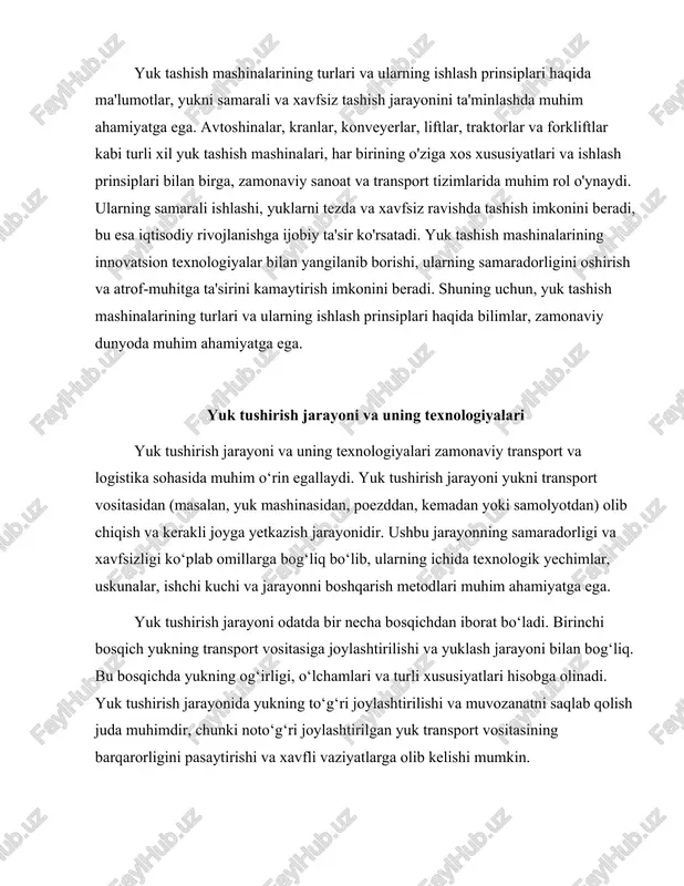 shchi kuchi va jarayonni boshqarish metodlari muhim ahamiyatga ega. yuk tushirish jarayoni odatda bir necha bosqichdan iborat bo‘ladi. birinchi bosqich yukning transport vositasiga joylashtirilishi va yuklash jarayoni bilan bog‘liq. bu bosqichda yukning og‘irligi, o‘lchamlari va turli xususiyatlari hisobga olinadi. yuk tushirish jarayonida yukning to‘g‘ri joylashtirilishi va muvozanatni saqlab qolish juda muhimdir, chunki noto‘g‘ri joylashtirilgan yuk transport vositasining barqarorligini pasaytirishi va xavfli vaziyatlarga olib kelishi mumkin. yuk tushirish jarayoni boshlanadigan ikkinchi bosqich yukni tushirish uchun tayyorgarlik ko‘rishdir. bu bosqichda yuk tushirish joyi tayyorlanadi. tushirish joyining o‘lchamlari, erning holati va yukning xususiyatlari hisobga olinishi kerak. yuk tushirish joyi to‘g‘ri tanlanmasa, bu jarayonni murakkablashtirishi va vaqtni behuda sarflashga olib kelishi mumkin. tushirish joyining tayyorligi yukni tez va samarali tushirishni ta'minlaydi. uchinchi bosqich yukni tushirish jarayonidir. bu jarayonda yukni transport vositasidan chiqarish va kerakli joyga yetkazish amalga oshiriladi. yukni tushirish jarayoni turli uskunalar va texnologiyalar yordamida bajarilishi mumkin. masalan, yukni tushirishda kranlar, yuk ko‘taruvchilar, …