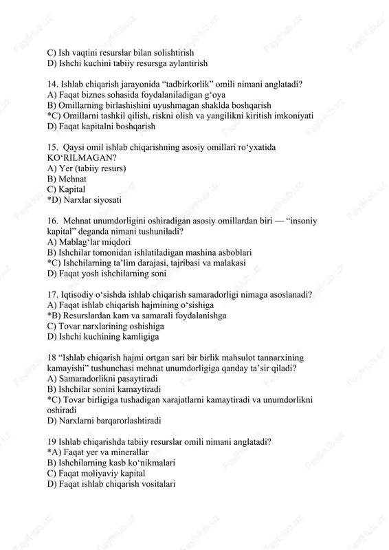 lk shakllari. 7. savol: aralash iqtisodiyot nima? javob: aralash iqtisodiyot — davlat va bozor mexanizmlarining uyg‘unlashgan holda faoliyat yurituvchi iqtisodiy tizimi. 8. savol: xususiy mulkning iqtisodiy ahamiyati nimada? javob: xususiy mulk raqobatni kuchaytiradi, resurslardan samarali foydalanishni ta’minlaydi va tadbirkorlikni rivojlantiradi. 9. savol: davlat mulkining asosiy funksiyasi nima? javob: strategik tarmoqlarni boshqarish, ijtimoiy barqarorlikni saqlash va iqtisodiy xavfsizlikni ta’minlash. 10. savol: bozor iqtisodiyotida raqobatning o‘rni qanday? javob: raqobat samarali ishlab chiqarish, narxlarning adolatli shakllanishi va sifatli mahsulot yetkazib berilishini ta’minlaydi. 11. savol: mulkchilik shakllarining xilma-xilligi deganda nima tushuniladi? javob: mamlakat iqtisodiyotida turli mulk egalik turlarining bir vaqtda mavjud bo‘lishi va ular o‘zaro raqobat asosida faoliyat yuritishi. 12. savol: “mulkchilik to‘g‘risida”gi qonun qachon qabul qilingan? javob: 1990-yil 31-oktabrda “mulkchilik to‘g‘risida”gi o‘zbekiston respublikasi qonuni qabul qilingan. 13. savol: bozor iqtisodiyotida mulk shakllarining barqarorligi nimaga bog‘liq? javob: huquqiy kafolatlar, investitsion muhit, adolatli raqobat va davlat siyosatining barqarorligiga. 14. savol: iqtisodiy tizimlarda davlatning roli qanday …