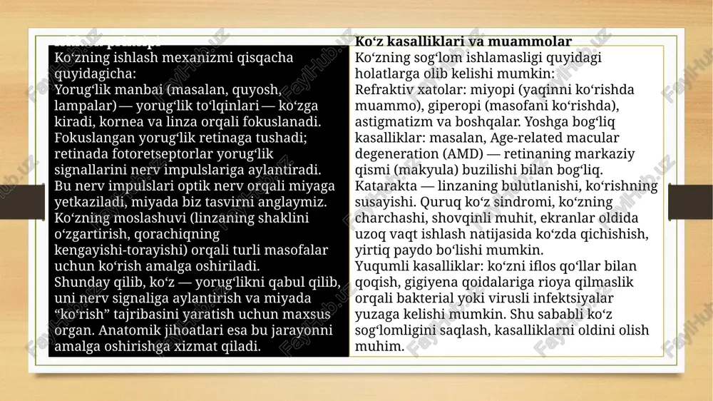 ish. uzluksiz yoki juda baland tovush — eshitishni zararli ta’sir qilishi mumkin. quloqni tozalash: quloq kanaliga juda chuqur vositalar (masalan, paxta tayoqcha bilan chuqur kirish) bilan aralashmaslik; quloq yog‘ini (cerumen) professional ko‘rinish orqali tozalash tavsiya etiladi. suvdan va suvga kiradigan ishlar — quloqqa suv kirsa, ayniqsa ochiq suv havzasida yoki dushda ehtiyot bo‘lish. quloq ichiga suv kirishi o‘rta quloq infeksiyasi xavfini oshirishi mumkin. o‘rta quloq bosimini muvozanatlashtirish: uchish, tog‘ga chiqish kabi bosim o‘zgarishlari bilan bog‘liq paytlarda ehtiyot bo‘lish. har yili yoki sharoitga qarab otorinolarinigolog (quloq vaqtinchalik) shifokoriga ko‘rinish. ayniqsa, agar eshitish pasayganini sezsangiz — darhol tekshiruvdan o‘tish kerak. bolalar va kattalar uchun: quloq gigiyenasini bolalikdan o‘rgatish, quloqni iflos muhitdan, changdan himoya qilish. 3.amaliy tavsiyalar quloq sog‘lomligini saqlash bo‘yicha tavsiyalar shovqindan himoya qilish juda baland musiqa, ish joyidagi shovqin, qurilish yoki transport shovqinidan quloqni himoya qiluvchi vositalardan foydalanish (quloqchinlar, quloq qoplamlari). shovqinning davomiyligi va kuchini cheklash tavsiya etiladi. quloqni tozalash quloq …