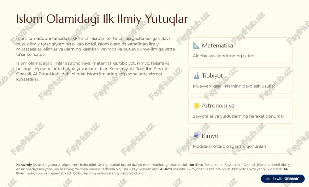 chun islomda dunyoviy va diniy ilmlar o'rtasida bir-biri bilan bog'langan, o'zaro ta'sir ko'rsatadigan qat'iy nisbat mavjud. https://gamma.app/?utm_source=made-with-gamma ilmning amalda tatbiq etilishi va uning jamiyatga foydasi ilm faqat nazariy bilim emas 4 uning asl qiymati amalda tatbiq etilishida turibdi. islomaya ta'limotiga ko'ra, ilmning oxirgi maqsadi faqat bilish emas, balki uni insan va jamiyatning hayotini yaxshilashda qo'llashdir. alloh taoloning aytgan "iqra" (o'qi!) amri ta'lim olishni emas, balki ilmni amalda qo'llanishni talaba qiladi. tibbiyot kasalliklardan himoya va sog'lomlik ta'minlash muhandislik buyuk inshootlar, ko'priklar va infrastruktura qurilishi qishloq xo'jaligi o'simlik va hayvonot parvarish texnikalarining takamuli tadbirkorlik iqtisodiy rivojlanish va bandlikning yaratilishi islom tarixida bir necha eng katta mumit'a, shuningdek, islom olamidagi shaxarlar va jamiyat 4 barchasi ilm va ilm ahlining ko'rsatma va asasida qurilgan. xiraboniga va bagdod xilofati davridagi ilmiy markazlar, kitobxonalar va madrasalar 4 bu ilmning amaliy qo'llanilishining eng yaxshi misolidur. islomiya dunyosida shaxarlar qurilish, savodxonlik va ta'lim tizimi, tibbiyot xizmatining rivojlanishi 4 …