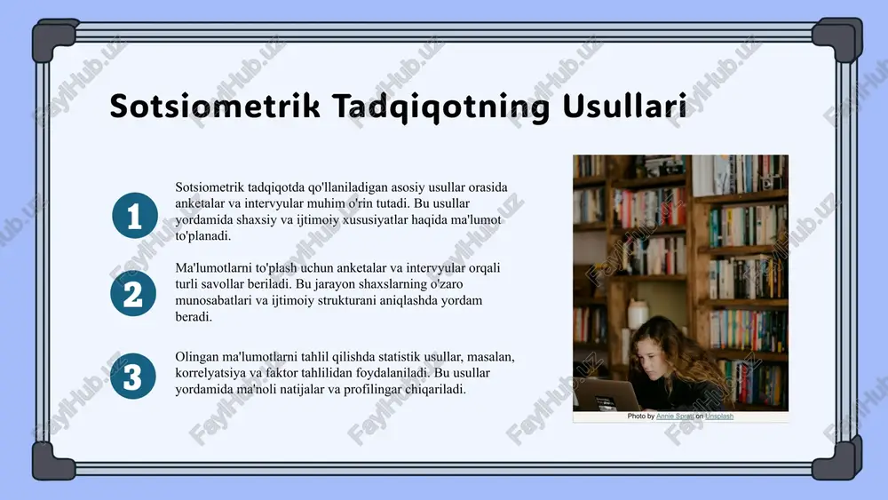 dqiqot natijalaridan, o'quvchilar o'rtasidagi ijtimoiy aloqalar xaritasi chizildi. ba'zi o'quvchilar kengroq tarmoqqa ega, boshqalar cheklangan. kengroq aloqaga ega bolalar yuqori baholanadi. foydalanilgan metodlar: sotsiometrik tahlil, statistik analizlar, qiyosiy usullar. sotsiometrik tadqiqotlar: amaliy qo'llanilishi sotsiometrik tadqiqotlarning natijalari jamoada ijtimoiy aloqalarni yaxshilash uchun qo'llaniladi. masalan, o'qituvchilar va o'quvchilar o'rtasidagi munosabatlarni tahlil qilish orqali muammolarni erta aniqlash mumkin. ta'lim muassasalarida sotsiometrik metodlar yordamida ijtimoiy tarmoqlar o'rganiladi. bu esa, muhitni yaxshilash va jamoa muvofiqligini ta'minlash uchun muhimdir. 1 2 bolalarda ijtimoiy aloqalar: tahlil sotsiometrik metodlar bolalar o'rtasidagi ijtimoiy aloqalarni o'rganadi. bu usul yordamida guruhdagi o'rni, munosabatlar va jamoaviy muvofiqlik aniqlanadi. natijalar orqali bolalarning ijtimoiy ko'nikmalari va rivojlanish darajasi baholanadi. ijtimoiy aloqalarning rivojlanishi emotsional barqarorlik, jamoada muvofiqlik va ijtimoiy ko'nikmalarni kuchaytiradi. bu tadqiqotlar yordamida strategiyalar ishlab chiqilib, bolalarda ijtimoiy rivojlanishni ta'minlash mumkin. sotsiometrik tadqiqot natijalarining kelajagi sotsiometrik tadqiqotlarning kelajakdagi ahamiyati katta. u ijtimoiy muhitni o'rganish, rivojlantirish va yangi imkoniyatlar yaratishda muhim rol o'ynaydi. bu tadqiqotlar …