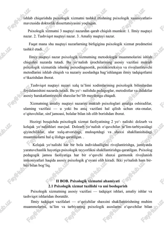 ta’limiga tayyorligini aniqlash, o‘quvchilaming o‘qish faoliyatini osonlashtirish, o‘quvchi shaxsini har tomonlama kamol toptirish, o‘quvchilaming qobiliyat va moyilliklarini aniqlash va rivoj- * lantirish, talabalar bilan hunarga, kasbga oid suhbat, maslahat ishlarini olib borish, turli xildagi «qiyin» bolalar bilan ish olib borish kabi asosiy vazifani hal qilishdan iboratdir. tashviqot ishlari — psixologik bilimlarni, psixologik umumta’limni targ‘ib qilib, o‘quvchilaming psixologik bilimlarini oshirish, ota-onalar uchun seminarlar, ma’ruzalar va suhbatlar uyushtirish, anjumanlar o‘tkazishdan iborat. bu sharoitlaming barchasiga alohida to‘xtalamiz. kichik maktab yoshida insonning maqsadli yo‘nalishi — ta’lim va tarbiyasi amalga oshiriladi. xuddi shu yosh psixik jarayonlaming ixtiyoriyligi, harakatning ichki rejasi, faol aqliy faoliyatga ehtiyoj, o‘quv ko‘nikma va malakalarini egallash uchun juda qulay yoki senzitiv yosh hisoblanadi. boshqacha aytganda, kichik maktab yoshining oxiriga kelib bola o‘qiy olishi va o‘qishni istashi kerak. ta’limning keyingi bosqichlarida vujudga keladigan barcha muammolar (o‘zlashtira olmaslik, maktabga borishni istamaslik) yoki bolaning o‘qiy olmasligiga, o‘qishga qiziqmasligiga bog‘liq bo‘ladi. boshlang‘ich sinflaming oxirida u yoki …