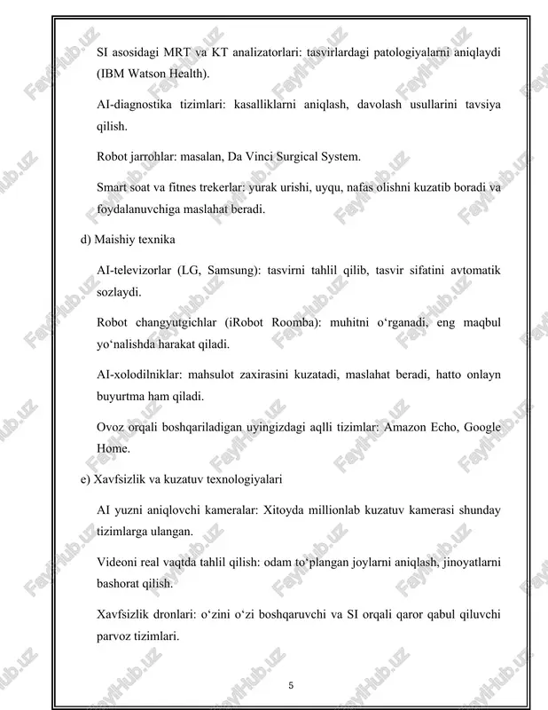 t vositalari tibbiy diagnostika qurilmalari tasvirlarni tahlil qilish, kasalliklarni aniqlash, davolash tavsiyalari kompyuter ko‘rish, chuqur o‘rganish, nlp ibm watson health, siemens healthineers ibm watson health diagnostika tizimi, ai asosidagi mrt va kt analizatorlari maishiy texnika ovozli boshqaruv, avtomatik sozlanish, energiya samaradorligi sensorlar, mashinali o‘rganish, nlp samsung, lg, bosch samsung ai-xolodilniklar, lg ai-televizorlar, bosch aqlli pechlar robot changyutgichlar xonani xaritalash, to‘siqlardan qochish, tozalashni optimallashtirish kompyuter ko‘rish, chuqur o‘rganish irobot, roborock irobot roomba, roborock s7 maxv smart soatlar va fitnes trekerlar yurak urishini kuzatish, uyquni tahlil qilish, shaxsiylashtirilgan maslahatlar sensorlar, mashinali o‘rganish apple, fitbit, garmin apple watch, fitbit charge seriyasi ai-superkompyuterlar katta hajmdagi ai modellarini mashq qilish, ilmiy hisoblashlar maxsus ai chiplar (d1, gpu), yuqori samarali hisoblash tesla, nvidia, google tesla dojo superkompyuteri, nvidia dgx tizimlari ai akselerator chiplar ai hisoblashni tezlashtirish, energiya samaradorligini oshirish neyron protsessorlar, chuqur o‘rganish chiplar nvidia, google, intel, apple nvidia jetson, google coral, apple neural engine smart …