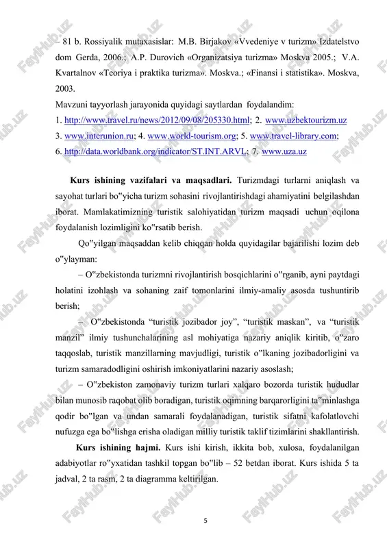 qit'aga borishi, uning doimiy yashash joyidan uzoqlashishi - mavjud bo`ladi. shuni aytish mumkinki, turizm-sayohatning yangi turi, uning alohida hodisasi. turizm aniq ifodolovchi tavsif va xususiyatga ega. sayohatning turizmdan asosiy farqi- bu aniq maqsadning mavjudligi. maqsad - bu muddao, murod ya‟ni u yoki bu niyatga erishmoq uchun ko‟zda tutilgan mushtarak orzu. aynan, shu maqsad kishi faoliyatini, o‟z orzularni ushalishiga yo‟naltiradi. har bir sayohat yoki tur zamirida unga sabab bo`luvchi asosiy maqsad yotadi. bu maqsadning yo‟qotilishi yoki unga erisha olmaslik ushbu sayohatni turizm tarkibiga kiritmaslikka asos bo`ladi yoki turist qoniqish olmaydi. shunday qilib, har qanday sayohat yoki turistik safardan asosiy maqsad bor bo`lib, unga ko`ra bu sayohatdan turizmning biror turiga mansubligi aniqlanadi, turist va uning turi statistikaning u yoki bu turiga kiritiladi, unga turli xil imtiyozlar beriladi. sayohatdan eng umumiy maqsadlar dam olish, ko`ngil ocharlik, davolanish, mehmondorchilik, sport, din va ishbilarmonlik hisoblanadi. aniq belgilanmagan maqsadlarning barchasi ham bir xil imtiyozlardan foydalanadi. masalan …