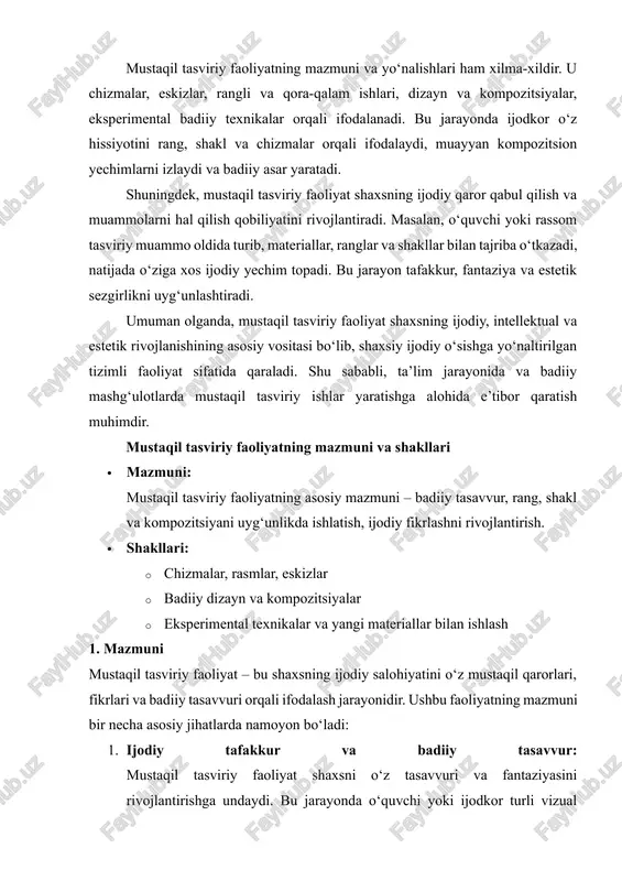 izlar yaratadi. eskizlar orqali tasavvurdagi obrazlarni sinovdan o‘tkazish, kompozitsiya va shakl tuzilishini sinchiklab o‘rganish mumkin. 2. rangli tasvirlar va bo‘yoqlar bilan ishlash: rangli ijodiy ishlar mustaqil tasviriy faoliyatning eng boy va ifodali shaklidir. ranglar orqali hissiyotlarni, kayfiyatni, fon va asosiy ob’ektlarning uyg‘unligini vizual tarzda namoyon etish mumkin. ranglar bilan ishlash shuningdek rang uyg‘unligi, kontrast va estetik qarashlarni rivojlantiradi. 3. badiiy dizayn va kompozitsiyalar yaratish: mustaqil faoliyatning yuqori shakllaridan biri – dizayn va kompozitsiyalar yaratishdir. bu jarayonda shaxs geometrik shakllar, rang, chiziq va teksturalarni uyg‘unlashtirib, mukammal badiiy mahsulot hosil qiladi. kompozitsiya orqali asarning markaziy g‘oyasi, ritm va muvozanati ifodalanadi. 4. eksperimental va aralash texnikalar: mustaqil tasviriy faoliyat shakllaridan biri – yangi texnikalarni sinash va aralash materiallardan foydalanishdir. masalan, akril bo‘yoq, akvarel, kolaj, grafika va boshqa turli texnikalarni birlashtirib ishlash. bu shakl ijodkorning tasavvur doirasini kengaytiradi va mustaqil fikrlashni rag‘batlantiradi. 5. ijodiy loyiha va mustaqil ishlar: mustaqil tasviriy faoliyatning eng mukammal shakli …