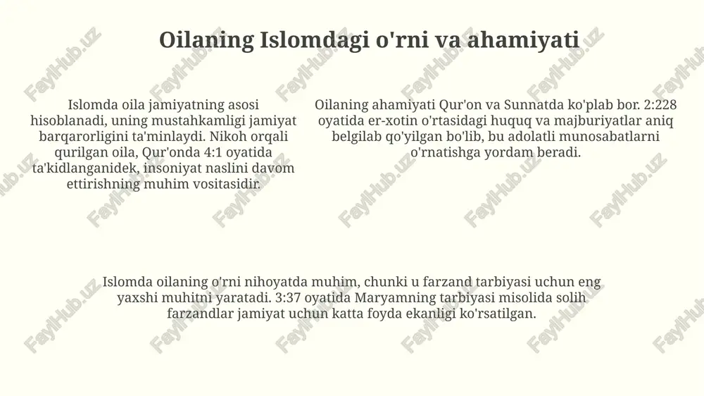 yor oila sari" asarida oila a'zolarining 5 ta asosiy vazifasi ta'kidlangan: hurmat, sevgi, hamkorlik, sabr-toqat va o'zaro tushunish orqali mustahkam oila qurish. asarda 7 ta muhim jihatga e'tibor qaratilgan: oilaviy budjetni rejalashtirish, farzand tarbiyasi, sog'lom turmush tarzini ta'minlash, ota-onalar bilan munosabatlarni yaxshilash va diniy qadriyatlarni saqlash. asarda 7 ta muhim jihatga e'tibor qaratilgan: oilaviy budjetni rejalashtirish, farzand tarbiyasi, sog'lom turmush tarzini ta'minlash, ota-onalar bilan munosabatlarni yaxshilash va diniy qadriyatlarni saqlash. e'tiboringiz uchun rahmat image2.png