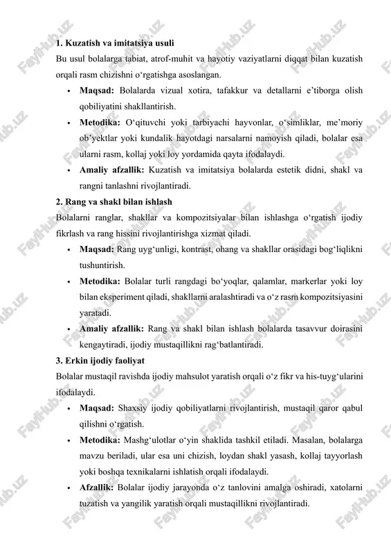 she’r mavzusini rasm orqali ifodalash yoki tabiat hodisalarini chizish orqali o‘rgatish. · afzallik: bolalar o‘rganayotgan bilimlarini amaliy faoliyatda qo‘llashni o‘rganadi, tasviriy fikrlash va mantiqiy tafakkur uyg‘unlashadi. 5. loyihaviy va loyiha asosida o‘qitish bolalarni kichik loyihalar yaratishga jalb qilish ularning ijodiy va tashkilotchilik qobiliyatini oshiradi. · maqsad: ijodiy muammolarni hal qilish, rejaga muvofiq ishlash va natija olishni o‘rgatish. · metodika: bolalar mavzu asosida rasm, maket yoki kollaj yaratadi. masalan, “mening orzular bog‘im” yoki “sevimli hayvonim” mavzulari bo‘yicha loyihalar. · afzallik: bolalar ijodiy jarayonni boshqarishni o‘rganadi, mustaqil qaror qabul qiladi, guruhda hamkorlik ko‘nikmalarini rivojlantiradi. 3. ta’lim jarayonida tasviriy faoliyatni rivojlantirish · o‘quv jarayonida o‘quv materiallarini vizual tarzda ko‘rsatish; · bolalarning qiziqishlariga mos mashg‘ulotlar tashkil qilish; · rag‘batlantirish va ijobiy baholash orqali ijodiy faoliyatni qo‘llab-quvvatlash; · mashg‘ulotlarni o‘yinga asoslab tashkil etish, shunda bolalar faol ishtirok etadi. ta’lim jarayonida tasviriy faoliyatni rivojlantirish — bu bolalarning ijodiy va estetik qobiliyatlarini tizimli, metodik va pedagogik jihatdan …