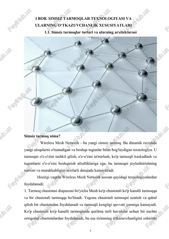 o'sishi bilan, wireless mesh network xavfsizligi muammosi e'tibordan chetda qolmaydigan mavzu bo'ladi. 2. aloqa kechikishi to'r tarmog'ida ma'lumotlar oraliq tugun orqali uzatiladi va har bir hop kamida biroz kechikish keltiradi. wireless mesh network diapazoni kengaygan sari, umumiy kechikish ham kattaroq bo'ladi. ushbu muammoning hozirgi asosiy yechimi tegishli tarmoq protokolini optimallashtirishdir. ko'p simsiz mesh tugun texnologiyasi paydo bo'lishi bilan bu muammo nihoyat hal qilinadi. modemlar va ularning vazifalari modem – bu modulyatsiya va demodulyatsiya so`zlaridan olingan bo`lib, uzluksiz signallarni raqamli (modulyatsiya) va raqamli ma’lumotlarni uzluksiz (demodulyatsiya) signalga almashtirib beradigan qurilmadir. uning asosiy vazifasi kompyuterlararo aloqani o`rnatishdir. u o`zining kommunikatsion dasturiga ega bo`lib, bu dasturlar yordamida ma’lumotlarni uzoq masofalarga uzatish va qabul qilish mumkin. modem ichki va tashqi bo`lishi mumkin. ichki modem plata ko`rinishida kompyuterning sistema blokiga o`rnatilgan bo`ladi. tashqi modem esa, ham faks, ham modem rolini o`ynaydi va alohida qurilma sifatida kompyuterga ulanadi. hozirda ko`p kompyuterlar modem bilan birga sotilmoqda. wifi …
