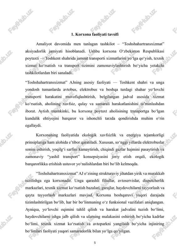 infratuzilmasini modernizatsiya qilish, ekologik barqarorlikni ta’minlash, zamonaviy texnologiyalarni joriy etish orqali jamiyat rivojiga hissa qo‘shishga qaratilgan. 2. korxonaning iqtisodiy-moliyaviy faoliyati tahlili “toshshahartransxizmat” aksiyadorlik jamiyati poytaxt toshkent shahrida yo‘lovchi tashish xizmatlarini tashkil etish, mavjud infratuzilmani takomillashtirish, zamonaviy va ekologik toza transport vositalari bilan aholiga sifatli xizmat ko‘rsatishni ta’minlashga yo‘naltirilgan davlat ishtirokidagi yirik muassasalardan biridir. mazkur jamiyatning iqtisodiy-moliyaviy ko‘rsatkichlari nafaqat uning moliyaviy barqarorligini, balki transport tizimining umumiy rivojlanish holatini baholashda muhim mezonlardan biri hisoblanadi. korxonaning moliyaviy faoliyati har yili tasdiqlanadigan biznes-reja asosida amalga oshiriladi. bu biznes-rejada daromad va xarajatlar rejalashtirilib, real moliyaviy ko‘rsatkichlar bilan taqqoslab boriladi. 2.1. asosiy iqtisodiy-moliyaviy ko‘rsatkichlar (oxirgi 3 yil uchun tahlil) korxonaning 2021, 2022 va 2023-yillardagi asosiy moliyaviy ko‘rsatkichlari quyidagicha: ko‘rsatkichlar 2021-yil 2022-yil 2023-yil umumiy daromad 418 mlrd so‘m 485 mlrd so‘m 502 mlrd so‘m xarajatlar 450 mlrd so‘m 475 mlrd so‘m 489 mlrd so‘m sof foyda (yillik) -32 mlrd so‘m 10 mlrd so‘m 13 mlrd so‘m davlat …