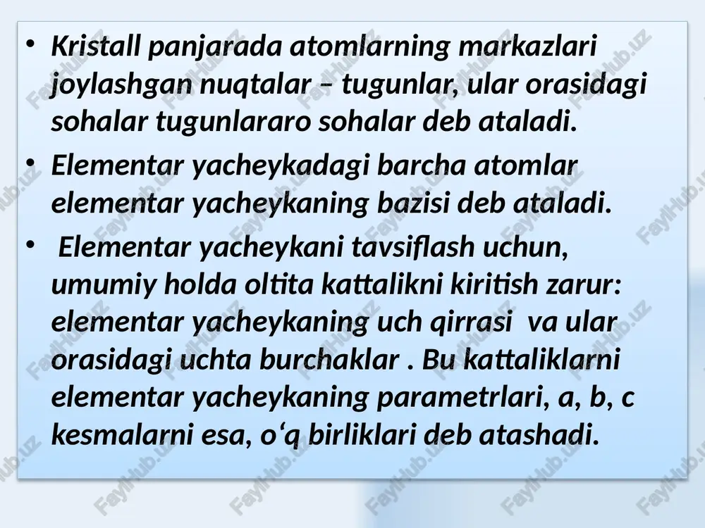 bir-biriga tortadi va itarish kuchlarini muvozanatlaydi. boshqa tarafdan, ionlar orasidagi masofa kamayishi bilan tortishish kuchlari orta boshlaydi. 19 alohida atomdagi elektronning holati to‘rtta kvant sonlari bilan aniqlanadi: n – bosh kvant soni – statsionar holatdagi atomning energiyasini aniqlaydi. l – orbital kvant soni – elektron harakat miqdorining orbital momentini aniqlaydi. l = 0,1,2…(n-1) ml - magnit kvant soni – elektron harakat miqdori orbital momentining oriyentatsiyasini aniqlaydi. ml = -l, -(l-1)…0,1,2…(l-1), l s – spin kvant soni – tanlangan yo‘nalishga nisbatan harakat miqdorining xususiy momenti oriyentatsiyasini aniqlaydi. s = +1/2 , s = -1/2 20 barcha boshqa kvant sonlarining istalgan qiymatlarida orbital kvant sonining qiymati l = 0 ga to‘g‘ri keladigan holatlar s - holatlar deb ataladi; l = 1 bo‘lgan holatlar – p – holatlar deb ataladi; l = 2 bo‘lgan holatlar – d – holatlar deb ataladi; l = 3 bo‘lgan holatlar – f – holatlar deb ataladi va …