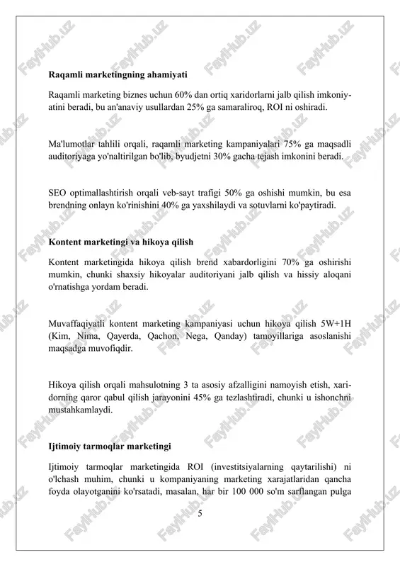 i. muvaffaqiyatli tadbirkorlik marketingi misollari dollar shave clubning viral marketing kampaniyasi, arzon narxdagi obuna modeliga urg'u berib, birinchi yilida 12,000 mijoz orttirishga yordam berdi. airbnb kontent marketing strategiyasi, mahalliy tajribalarni ta'kidlash orqali sayohatchilarning ishonchini qozondi va 300% o'sishga erishdi. gopro ijtimoiy media marketingi, foydalanuvchilar tomonidan yaratilgan kontentga asoslanib, brend sadoqatini oshirdi va 8 milliard dollardan ortiq baholandi. xulosa tadbirkorlik va marketing birgalikda muvaffaqiyatga erishish uchun kuchli ittifoqdir. ular biznesni rivojlantirish va bozor ulushini oshirish imkoniyatini beradi. foydalanilgan adabiyotlar 1. xizmat ko'rsatish marketingi, valeri a. zaytaml, meri jo bitner, dueyn d. gremler. 2. marketing asoslari, filipp kotler va geri armstrong. 3. tadbirkorlik muvaffaqiyati uchun marketing, kennet r. hodkinson. 4. startapning marketingi: o'sish uchun asos, april dunford. 5 ( 0 0 0 ) ( 7 )