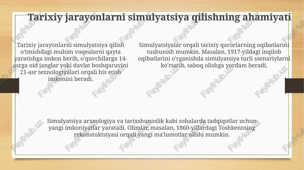 3d formatda aks ettirib, foydalanuvchilarga 1000 yillik qadimiy artefaktlarni o'rganish va ularning tarixini tushunish imkonini beradi. vrning ommaviy tarixga ta'siri vr odamlarga 1917 yilgi inqilob yoki ikkinchi jahon urushi kabi muhim tarixiy voqealarni bevosita boshdan kechirish imkonini beradi, bu esa o‘rganishni jonli qiladi. vr muzeylar va tarixiy joylarga tashrif buyurishning innovatsion usulini taklif etadi, 3d modellari va interaktiv elementlar orqali 15-asr samarqandini jonlantiradi. vr muzeylar va tarixiy joylarga tashrif buyurishning innovatsion usulini taklif etadi, 3d modellari va interaktiv elementlar orqali 15-asr samarqandini jonlantiradi. muvaffaqiyatli vr simulyatsiya loyihalari google earth vr yer shari bo'ylab virtual sayohatlar qilish imkonini beradi, foydalanuvchilar millionlab joylarni o'rganib, geografik tushunchani oshiradilar va dunyoni 360 gradusda ko'rishadi. vr pompei loyihasi miloddan avvalgi 79-yilda vezuviy otilishi oldidan pompeyning 3d rekonstruksiyasini taqdim etib, 2 milliondan ortiq tashrif buyuruvchilarga tarixni jonlantirdi. apollo 11 vr tajribasi 1969-yilgi oyga qo'nish missiyasining batafsil va interaktiv simulyatsiyasini taqdim etadi, tarixiy voqeani 100 mingdan ortiq …