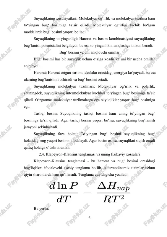 az konstantasi. tenglama suyuqlikning bug‘lanish entalpiyasini va boshqa fizikaviy xususiyatlarini bilgan holda to‘yingan bug‘ bosimini hisoblashga imkon beradi. bu tenglama yordamida harorat va bug‘ bosimining qanday o‘zgarishini prognoz qilish mumkin. 3. suyuqliklarning to‘yingan bug‘ bosimini o‘lchov usullari suyuqliklarning to‘yingan bug‘ bosimini o‘lchash uchun bir necha usullar mavjud: statik usul: bu usulda, suyuqlik idishdagi bug‘ muvozanatiga yetganda uning bosimi o‘lchanadi. bu usulda haroratni doimiy saqlash va bosimni o‘lchash kerak. dinamik usul: bu usulda bug‘ bosimi tez-tez o‘zgaruvchi tizimlarda o‘lchanadi. odatda, suyuqlikning bug‘lanishi yoki kondensatsiyasi dinamik holatlarda amalga oshiriladi. maksimal bosim usuli: bu usulda, suyuqlikning bug‘ining eng yuqori bosimi aniqlanadi va ma’lum sharoitlar ostida tasdiqlanadi. 4. turli suyuqliklar uchun to‘yingan bug‘ bosimi tahlili to‘yingan bug‘ bosimi har bir suyuqlik uchun alohida xususiyatlarga ega. misol uchun: suv: suvning to‘yingan bug‘ bosimi 100°c da 101.3 kpa bo‘ladi, lekin harorat pasaygan sari bu qiymat kamayadi. organik suyuqliklar: etanol va benzol kabi organik suyuqliklar yuqori bug‘ …