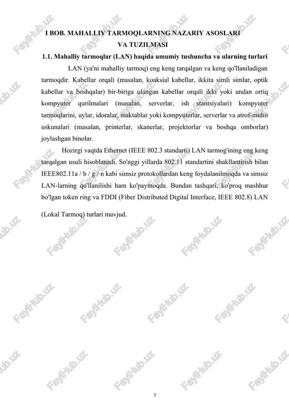 bu kompyuter, printer yoki boshqa qurilmani tarmoqqa ulash uchun mo‘ljallangan apparat vositasidir. nic’lar hozirgi zamon kompyuterlarida ko‘p hollarda anakartga integratsiyalashgan holda mavjud bo‘ladi. har bir nic o‘ziga xos mac manzilga ega bo‘lib, u tarmoqda qurilmani aniqlashda muhim rol o‘ynaydi. nic orqali kompyuterlar o‘zaro paketlar yuboradi va qabul qiladi. 1.2. kommutator (switch) switch – bu tarmoqdagi qurilmalarni bir-biri bilan ulovchi asosiy markaziy qurilma bo‘lib, u 2-darajadagi (layer 2) osi modeli bo‘yicha ishlaydi. u mac manzillar orqali qurilmalarni aniqlaydi va ma’lumotlarni faqat kerakli qurilmaga yo‘naltiradi. bu esa tarmoqda trafikni optimallashtiradi va samaradorlikni oshiradi. zamonaviy switch’lar vlan (virtual lan) kabi ilg‘or imkoniyatlarga ham ega. 1.3. router (yo‘naltiruvchi) router — lanni boshqa tarmoqlarga, odatda internetga ulovchi qurilma. u 3-darajada (layer 3) ishlaydi va ip manzillar orqali marshrutlash (routing) amalga oshiradi. routerlar nat (network address translation), dhcp (dynamic host configuration protocol), va firewall funksiyalarini ham bajara oladi. 1.4. modem (agar internet ulanish bo‘lsa) modem tashqi …