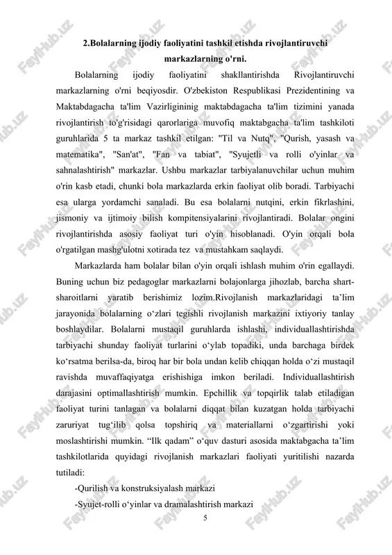 markazni xonadagi markazda yoki tabiat bag'rida o'tkazsa ham bo'laveradi. yana bu markazda tarbiyachi tajribalar o'tkazishi ham mumkin. 3. maktabgacha yoshdagi bolalarning ijodiy faoliyatini tashkil etishda “steam” zamonaviy yondashuvi bugungi dunyo kechagi kabi emas, ertangi kun ham bugungi kabi bo‘lmaydi. inson faoliyati barcha sohalarida dinamik rivojlanayotgan texnologiyalar joriy etilmoqda. zamonaviy bolalarning 65 foizi bugungi kunda mavjud bo‘lmagan kasblarni egallaydi. kelajakdagi mutaxassislar texnologiya, ilm-fan va muhandislikning turli xil sohalaridan kompleks ta’lim va bilimlarga muhtoj bo‘ladi. bu kabi vazifalarni maktabgacha ta’limda keng qo‘llanilayotgan steam dasturi orqali amalga oshirishimiz mumkin. steam farzandlarimizga - ixtirochilar, kashfiyotchilarning kelajak avlodi, olim sifatida tadqiqotlar olib borish, texnologiyani shakllantirish, muhandis sifatida loyihalash, rassom sifatida yaratuvchi, matematik sifatida analitik fikr yuritishni o‘yin orqali yuzaga keltiradi. bugungi kunda steam-ta’lim dunyodagi asosiy tendensiyalardan biri sifatida rivojlanmoqda va amaliyot yondashuvni qo‘llashda beshta sohani yagona o‘quv sxemasiga integratsiyalashga asoslangan. bunday ta’limning shartlari uning uzluksizligi va bolalarning guruhlarda o‘zaro muloqot qilish qobiliyatini rivojlantirish bo‘lib, bunda …
