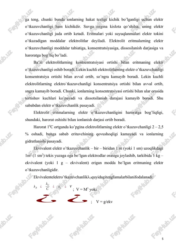 eritmasida har bir ion atrofida ion atmosfe-rasining bo’lishi ionlarning tormozlanishiga olib keladi: · ion atmosferasining ionga qarama-qarshi tomonga harakati elektroforetik (yoki katoforetik) tormozlanishni keltirib chiqaradi; · ionning orqasidagi ion atmosferasida ortiqcha miqdorda qarama-qarshi zaryadning bo’lishi relaksatsion tormozlanishga olib keladi. relaksatsion tormozlanish asimmetrik effekt ham deyiladi: har qanday ion harakatlanayotganda uning ion atmosferasi sferik simmetriyasi buziladi. harakatlanayotgan ion atrofidagi mavjud ion atmosferasining tarqalishi va yangi atmosferaning hosil bo’lishi bir onda sodir bo’lmaydi, uning tiklanishi uchun relaksatsiya vaqti talab qilinadi. natijada harakatdagi ionning oldida ion atmosferasi tashkil topishga, orqasida esa, to’la buzilishga ulgurmaydi. shu sababli, harakatlanayotgan ionning oldidagi qarama-qarshi zaryad-ning zichligi bir oz kamroq, orqasida esa yuqoriroq bo’ladi. bu relaksatsion tormozlanishga olib keladi.ritmaning kontsentratsiyasi ortishi bilan kuchli elektro-litlarda ionlar harakatchanligining va ekvivalent elektr o’tkazuvchanlikning kamayishiga relaksatsion tormozlanish sababdir ekvivalent elektr o’tkazuvchanlikning kontsentratsiyaga (a) va √c (b) bog’liqligi. elektrolit eritmasidagi ionlar tartibsiz harakatda bo’ladi. eritma orqali elektr oqimi o’tkazilganda ionlarning harakati tartibga tushib, …