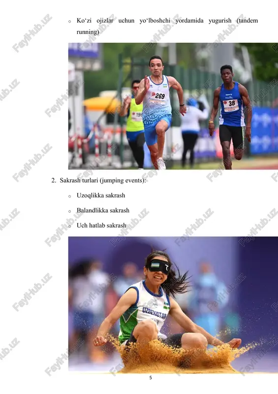 nligi bo‘lgan insonlar uchun ijtimoiy integratsiya va o‘zini namoyon qilish imkoniyatini beruvchi muhim vositadir. uning yo‘nalishlari va klassifikatsiyasi har bir sportchining imkoniyatini to‘g‘ri baholab, adolatli raqobat muhitini yaratishga qaratilgan. o‘zbekiston ham bu borada jahon standartlariga mos holda, sport maktablarida parayengil yo‘nalishlarni rivojlantirib bormoqda. shu bois bu mavzu sport pedagogikasi, reabilitatsiya va ijtimoiy-psixologik yondashuvlar nuqtai nazaridan ham dolzarbdir. 1.2. parayengil atletikaning jahon va o‘zbekistonda rivojlanish bosqichlari parayengil atletika – bu jismoniy imkoniyati cheklangan (nogironligi bo‘lgan) shaxslar uchun mo‘ljallangan yengil atletika sport yo‘nalishi bo‘lib, uning kelib chiqishida reabilitatsion va ijtimoiy integratsion maqsadlar muhim rol o‘ynagan. dastlab nogironlar sporti harakatining shakllanishi tibbiy va psixologik tiklanish maqsadida boshlangan bo‘lsa-da, hozirda u global sport tizimining ajralmas qismiga aylangan. parayengil atletikaning xalqaro miqyosda rivojlanish tarixi bosqichma-bosqich shakllanib, bugungi kunda butun dunyo bo‘ylab minglab sportchilarni birlashtirgan keng ko‘lamli sport harakatiga aylangan. 1. parayengil sportning ilk ildizlari: (xx asrning 40–50-yillari) parayengil atletikaning xalqaro sport harakati sifatidagi shakllanishi 1944-yilga …