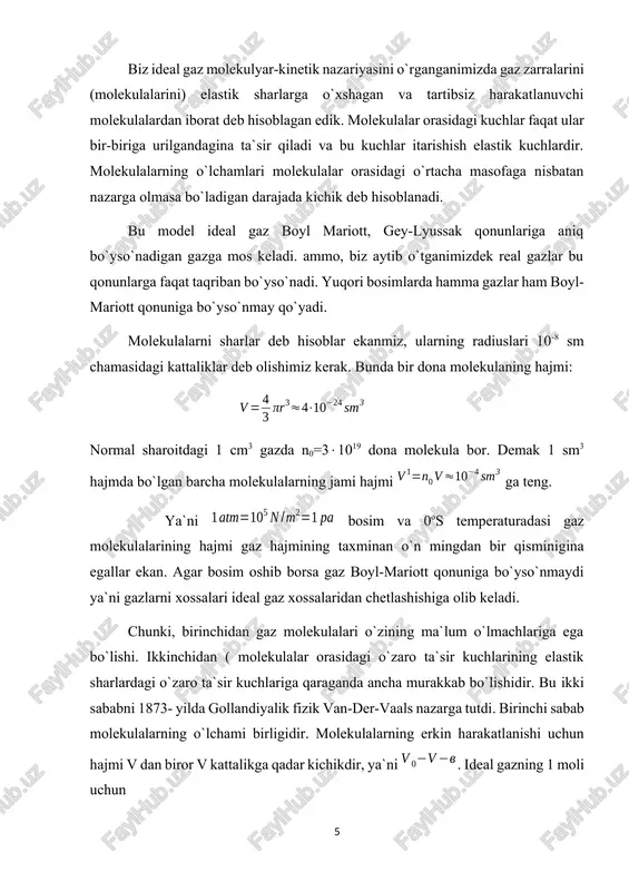 uni har ikkala tomonini p ga bo`lib, quyidagicha yozish mumkin. (20.14) bu v hajmga nisbatan 3-darajali tenglama bo`lib, uning uchta ildizi bor. uning hammasi haqiqiy yoki ulardan ikkitasi mavhum va bittasi haqiqiy bo`lishi mumkin. van-der vaals tenglamasining mavhum ildizlari fizikaviy ma`noga ega emas. shuning uchun ularga qaramaymiz. van-der vaals tenglamasi ildizlarning fizikaviy ma`nosini aniqlash uchun (20.1) tenglamaga tegishli izotermalarni, ya`ni o`zgarmas temperaturada r bosimning v(molyar hajmga bog`lanishini qarash va ularni tajriba ma`lumotlarda olingan izotermalar bilan solishtirish kerak. bizga ma`lumki ideal gazning izotermasi giperbola edi, undan farqli ravishda (20.1) tenglamaga tegishli bo`lgan izoterma quyidagicha ko`rinishda bo`ladi. biz uni van-der vaals izotermasi deb ataymiz. v p bug` 2-rasm bu izotermada bosimni bitta r1 qiymatiga molyar hajmining v1, v2 va v3 qiymatlari mos keladi. grafikni maksimal holatiga suyuq hamda bundan v1 va v3 holatlarga gazsimon holat mos keladi. endi hajmi v2 bo`lgan uchinchi holatining ma`nosini aniqlash kerak bo`ladi. van-der vaals izotermalari bilan tajribada …