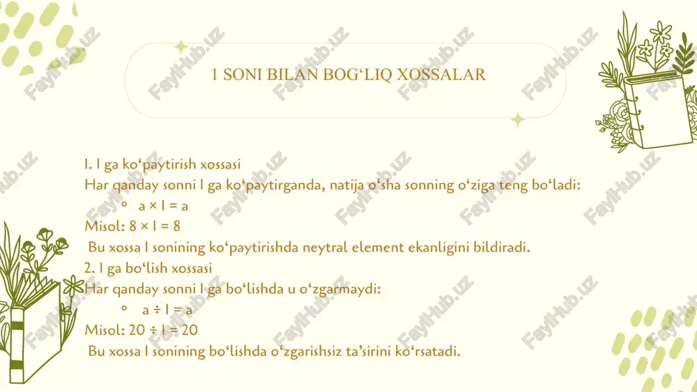 nolning xossalari va 1 soni bilan bog‘liq amallar - Page 5