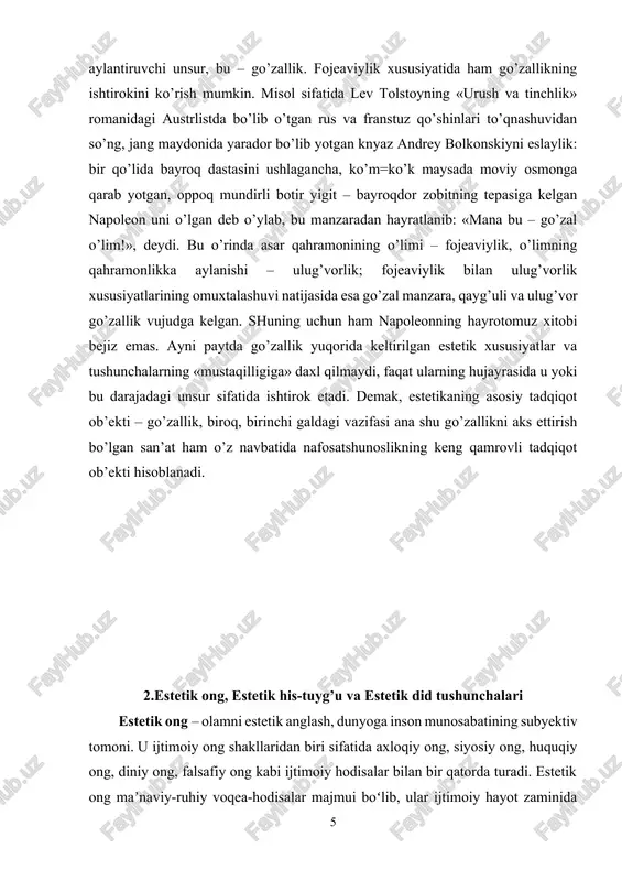 ik ongning alohida qatlami, uning poydevorini tashkil qiladi. estetik his-tuygʻular estetik ongning barcha jabhalariga sayqal beradi va boyitadi. ruhiy hayotning boshqa boʻlaklari singari estetik his-tuygʻular ham voqelik inʼikosini anglatadi, lekin bu tarzdagi inʼikos etish alohida tusda qaror topadi. ularda bilish, kechinmalar oʻzaro chirmashib ketgan boʻladi. his-tuygʻular hamma vaqt insonning oʻz ehtiyojlari qondirilishi yoki qondirilmasligiga boʻlgan munosabati bilan bogʻliq holda vujudga keladi. oʻz mohiyatiga koʻra, ijtimoiy tabiatli maʼnaviy hosilani tashkil etgan nafosatli his-tuygʻular maʼlum fiziologik asoslar va shart-sharoitlarga ham ega. ular birinchi va ikkinchi ogohlantirish (signal) sistemalarining amal qilishi bilan bogʻliq boʻlib, ularni fiziologik hamda ruhiy-fiziologik jihatlardan ham oʻrganish imkoniyatini yaratadi. estetik his-tuygʻular oʻz shakli, oʻzining namoyon boʻlishi va amal qilishi jihatidan subyektiv tabiatga molik boʻlib, inson ichki dunyosining bir qismi va subyektiv voqelikning bir boʻlagini tashkil etadi. lekin nafosatli his-tuygʻularning konkret mazmuni bir maqsad tomon yoʻnaltirilgan inson faoliyatida oʻz ifodasini topadi. estetik did – voqea-hodisalarning estetik sifatlarini idrok etish va …