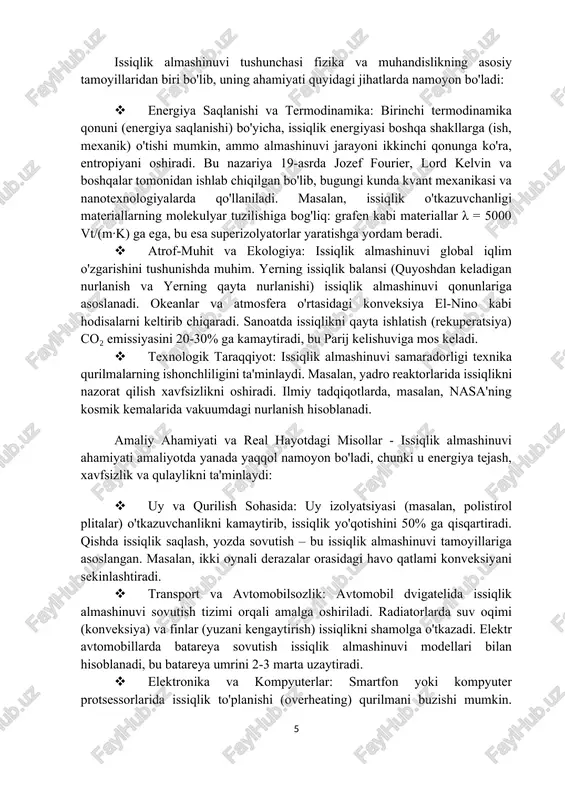 it va stanford universitetlarining tadqiqotlari shuni ko'rsatadiki, nanofluidlar (nanozarrachalar qo'shilgan suyuqliklar) konveksiya samaradorligini 25% ga oshiradi. kelajakda, iqlim o'zgarishiga qarshi kurashda, issiqlik almashinuvi modellari ai bilan birgalikda global modellarda (masalan, ipcc hisobotlarida) qo'llaniladi. xulosa qilib aytganda, issiqlik almashinuvi nafaqat tabiatdagi muvozanatni saqlaydi, balki insoniyatning energiya, texnologiya va ekologik muammolarini hal qilishda asosiy rol o'ynaydi. uning tushunchasi oddiy ko'rinsa-da, chuqur nazariy asoslari va keng qo'llanishi uni zamonaviy fan va texnikaning yuragi qiladi. 2. issiqlik almashinuvi turlari issiqlik almashinuvi turlari – bu issiqlik energiyasining tarqalish mexanizmlarini tasniflash bo'lib, fizika va muhandislikda asosiy o'rin tutadi. umumiy holda, issiqlik almashinuvi uchta asosiy turga bo'linadi: o'tkazuvchanlik (conduction), konveksiya (convection) va nurlanish (radiation). bu turlar har doim alohida emas, balki ko'pincha bir-biri bilan birgalikda ishlaydi, ammo har birining o'ziga xos mexanizmi, shartlari va qo'llanish sohalari mavjud. quyida bu turlarni batafsil ko'rib chiqamiz: avval har bir turining ta'rifi, fizik asoslari va matematik tavsifi, keyin misollar, taqqoslash va …
