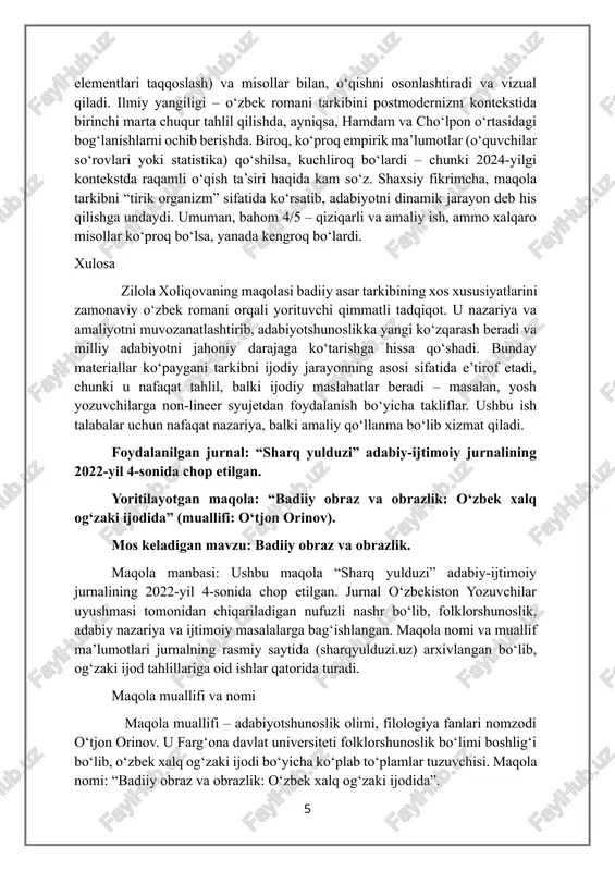 hiy qatlam” deb baholab, tarkibning evolyutsiyasini ijtimoiy o‘zgarishlar (mustaqillik davri) bilan bog‘laydi. manbalar sifatida klassik nazariyalar (v. proppning “ertak morfologiyasi”, r. bartning “yozuv o‘limi”) va o‘zbek tadqiqotlari (d. rahmonovning roman tahlillari) dan foydalanadi. pozitsiyasi – tarkib statik emas, balki madaniy kontekstga moslashuvchan mexanizm; bu orqali o‘zbek romani tarkibini “milliy-postmodern” sintez sifatida ko‘rsatadi. yondashuvi amaliy: har bir misolni sxema orqali tushuntiradi. shaxsiy tahlilim va bahoyim maqola dolzarbligi yuqori, chunki zamonaviy o‘zbek adabiyotida tarkibiy innovatsiyalar ko‘paymoqda – bu global adabiyot bilan integratsiyani ta’minlaydi va yosh yozuvchilarga yo‘l ko‘rsatadi. xoliqova ishi yosh tadqiqotchilar uchun namuna: roman misollari (masalan, “shaytanat”dagi non-lineer syujet) orqali nazariyani amaliyotga bog‘laydi, bu esa talabalar uchun o‘quv materiali sifatida ideal. uslubi ilmiy va tizimli – sxemalar, jadval (tarkib elementlari taqqoslash) va misollar bilan, o‘qishni osonlashtiradi va vizual qiladi. ilmiy yangiligi – o‘zbek romani tarkibini postmodernizm kontekstida birinchi marta chuqur tahlil qilishda, ayniqsa, hamdam va cho‘lpon o‘rtasidagi bog‘lanishlarni ochib berishda. biroq, …