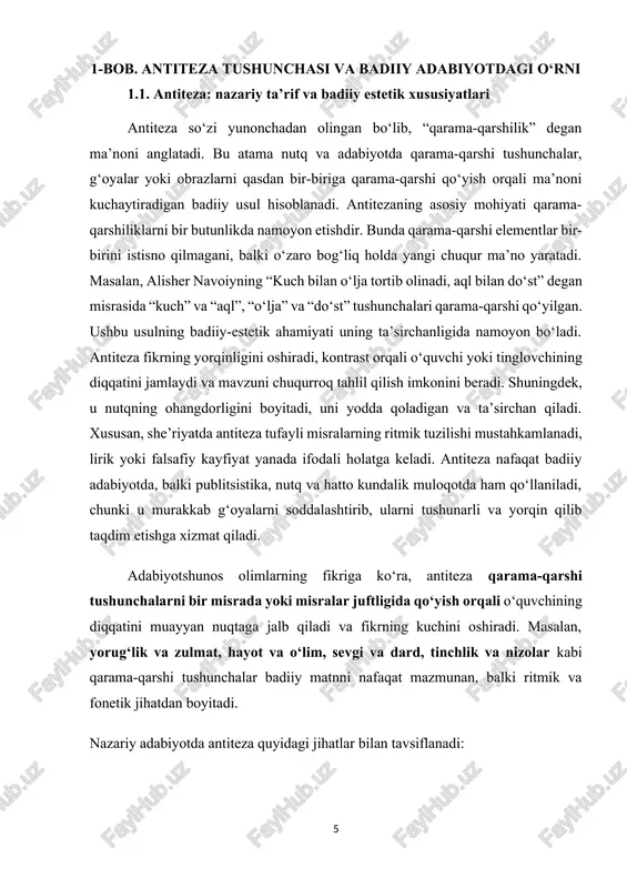 antiteza badiiy adabiyotda qarama-qarshi tushunchalarni ifodalash, dramatizm va lirizm yaratish, matn mazmunini kuchaytirish vazifalarini bajaruvchi eng samarali stilistik vositalardan biridir. nazariy va badiiy jihatlari bilan antiteza o‘quvchida estetik zavq uyg‘otadi, she’r va proza matnlarini ritmik va fonetik jihatdan boyitadi hamda adabiyotshunoslik tadqiqotlarida chuqur tahlil qilish uchun muhim ob’ekt hisoblanadi. 1.2. antitezaning badiiy adabiyotdagi funksiyalari antiteza badiiy adabiyotda eng muhim stilistik va estetik vositalardan biri sifatida qaraladi. bu vosita orqali muallif qarama-qarshi tushunchalarni, obrazlarni, fikr va voqealarni bir-biriga qarama-qarshi qo‘yadi, natijada matnning ritmi, dramatizmi va mazmuniy chuqurligi oshadi. antitezaning badiiy adabiyotdagi funksiyalari ko‘p qirralidir va ular nafaqat shakl va mazmun uyg‘unligini ta’minlash, balki o‘quvchida hissiy kechinmalarni uyg‘otish va estetik zavq yaratish bilan bog‘liq. shu sababli antiteza nafaqat she’riyatda, balki proza, drama va hatto badiiy esse janrlarida ham keng qo‘llaniladi. badiiy matnda antiteza funksiyalari bir qator jihatlarda namoyon bo‘ladi. avvalo, u dramaturgik va dramatik effekt yaratadi. qarama-qarshi obraz, voqea yoki tushunchalarni bir …