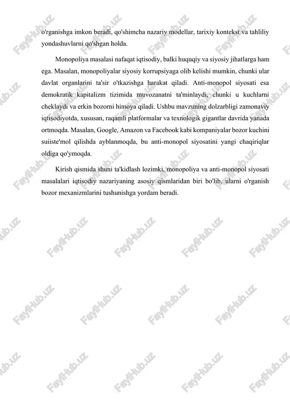n qilinadi, chunki korxonalar tadqiqot xarajatlarini qoplash imkoniga ega bo'ladi. masalan, farmatsevtika kompaniyalari yangi dori-darmonlar uchun patent oladi va 20 yilgacha monopoliyaga ega bo'ladi. bu turdagi monopoliya ijobiy ta'sirga ega, ammo muddati tugagach, generik mahsulotlar bozorga kirishi bilan raqobat kuchayadi. - sun'iy monopoliya: bu turdagi monopoliya korxonalar birlashishi (mergers), vertikal integratsiya yoki strategik harakatlar orqali yaratiladi. masalan, neft sanoatida xix asr oxirida standard oil kompaniyasi sun'iy monopoliya yaratgan bo'lib, u bozorning 90% ni nazorat qilgan. sun'iy monopoliyalar ko'pincha kartellar (cartels) orqali shakllanadi, masalan, opec neft karteli narxlarni fiksatsiya qiladi. - oligopoliya va monopolistik raqobatdan farqli o'laroq, monopoliya yagona sotuvchi bo'lishi bilan ajralib turadi, ammo ba'zi hollarda duopoliya (ikki sotuvchi) monopoliyaga yaqin bo'ladi. monopoliyaning paydo bo'lish sabablari ko'p va ularni batafsil ko'rib chiqish lozim: kirish to'siqlari, masalan, yuqori kapital talabi (sanoat infratuzilmasi), texnologik ustunlik (patentlar), tabiiy resurslarni nazorat qilish (konlar), tarmoq effektlari (microsoft office yoki facebook kabi platformalar, chunki ko'proq foydalanuvchi …