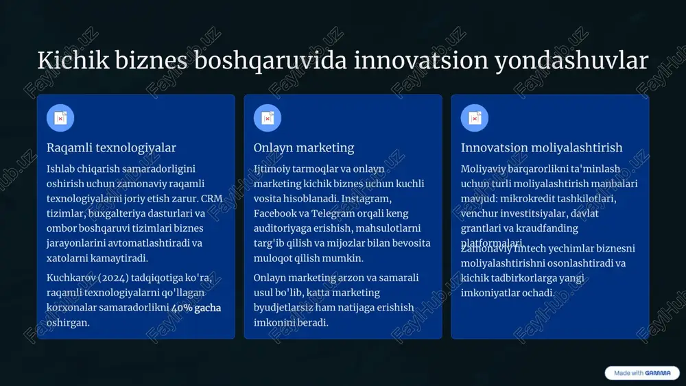 raqamli texnologiyalar, onlayn platformalar va zamonaviy boshqaruv usullarini qo'llash kichik biznesning raqobatbardoshligini sezilarli darajada oshiradi samarali boshqaruv professional yondashuv, to'g'ri rejalashtirish va moliyaviy intizom biznesning uzoq muddatli muvaffaqiyatini ta'minlaydi doimiy rivojlanish o'qish, treninglar va tajriba almashish orqali o'z malakasini oshirish zamonaviy tadbirkor uchun zaruriy talabdir har bir tadbirkorga muvaffaqiyat sari aniq qadamlar 01 boshlash g'oyani ishlab chiqish, bozor tadqiqoti, biznes-reja tayyorlash va ro'yxatdan o'tish 02 boshqarish samarali tizimlar joriy etish, jamoani shakllantirish va moliyani nazorat qilish 03 rivojlantirish innovatsiyalar, kengayish, yangi bozorlar va uzoq muddatli strategiya sizning tadbirkorlik sayohatingiz bugun boshlanadi. qat'iyat, innovatsiya va samarali boshqaruv bilan har qanday maqsadga erishish mumkin. muvaffaqiyatlar tilaymiz!
