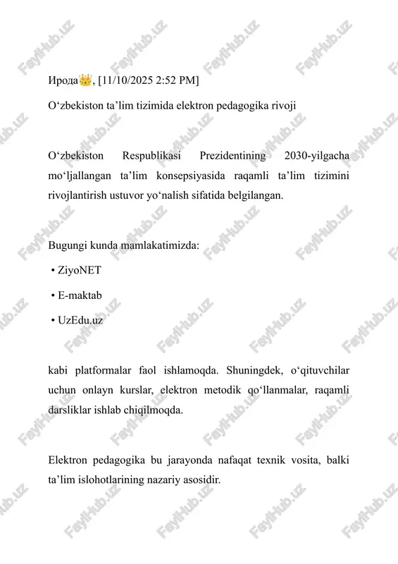 sitalardan foydalanishni, balki pedagogik jarayonni in teraktiv, innovatsion va individual yondashuv bilan boyitishni nazarda tutadi. bugungi kunda dunyoda onlayn kurslar, virtual laboratoriyalar, elektron kutubxonalar, masofaviy ta’lim va sun’iy intellektga