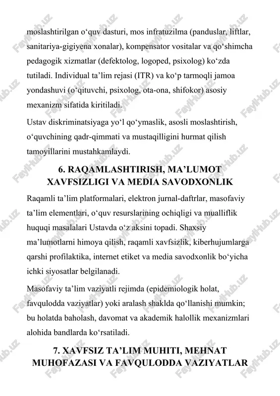 muhokamasi va muassischi tomonidan tasdiqlanishi tartibini ham belgilaydi. 10. amaliy tahlil: ustav bandlarini tezkor audit qilish yo‘riqnomasi 1) huquqiy moslik: ustav bandlari “ta’lim to‘g‘risida”gi qonun, dts va tegishli nizomlar bilan mos keladimi? 2) boshqaruv anikligi: lavozimlar, vakolatlar va javobgarliklar aniq yozilganmi? 3) ta’lim jarayoni: o‘quv reja, baholash siyosati, akademik halollik va apellyatsiya mexanizmi mavjudmi? 4) inklyuzivlik: itr, mos muhit va xizmatlar ko‘zda tutilganmi? 5) raqamli xavfsizlik: ma’lumotlar himoyasi va masofaviy ta’lim tartibi bor-mi? 6) xavfsizlik: yong‘in, evakuatsiya, bullying profilaktikasi bandlari qanchalik aniq? 7) shaffoflik: moliya va xaridlar ochiqligi, korrupsiyaga qarshi mexanizmlar qay darajada? 8) monitoring: sifat ko‘rsatkichlari va yangilash tartibi mavjudmi? audit natijalari bo‘yicha “yo‘l xaritasi” tuziladi: zaif bandlar ro‘yxati, yangilash takliflari, javobgar shaxslar va muddatlar, kutilayotgan natijalar. xulosa maktab ustavi — ta’lim muassasasining “konstitutsiyasi”. uning puxta ishlab chiqilishi maktabning strategik rivoji, ta’lim sifati, xavfsiz muhit va jamoatchilik ishonchini ta’minlaydi. ustavni zamonaviy talablar — inklyuzivlik, raqamlashtirish, xavfsizlik, shafoflik va kompetensiyaviy …
