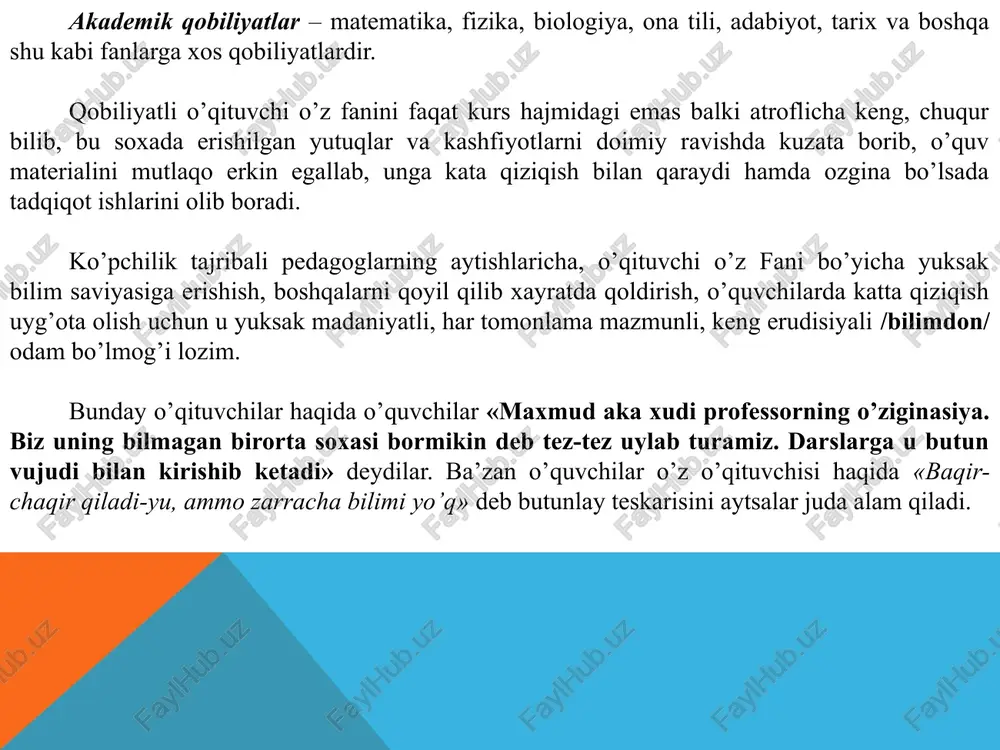 qilardik» degan fikrlarni izxor qiladilar. diqqatni taqsimlay olish qobiliyati – bu qobiliyat bir vaqtning o’zida diqqatni bir qancha faoliyatga qarata olishda namoyon bo’lib, o’qituvchi ishida g’oyat muxim axamiyatga egadir. qobiliyatli, tajribali o’qituvchi o’zining diqqat-e’tiborini o’quv materialining qanday bayon etilishiga, uning mazmuniga, o’z fikrlarini atroflicha qilib qanday ochib berishga yoki o’quvchi fikriga baralla qaratadi va shu bilan bir vaqtning o’zida barcha o’quvchilarni kuzatib, ularning toliqqan-toliqmaganligiga, e’tiborli yoki e’tiborsizligiga, darsni tushinish-tushunishmasligiga e’tibor berib, o’quvchining intizomini kuzatadi hamda, oqibat natijada o’zining shaxsiy-xulq atvoriga /yurish-turishga, o’zini tutishiga mimika va pontamimikasiga/ e’tibor beradi. tajribasiz o’qituvchi, ko’pincha o’quv materialini bayon etishga berilib ketib, o’quvchilarning nima qilayotganliklarini sezmay qoladi va nazoratdan chiqarib quyadi, agar, bordiyu, o’quvchilarni diqqat -e’tibor bilan kuzatishga xarakat qilsa, bunday hollarda o’z bayonotining izchilligini yo’qotib qo’yadi. yuqorida ko’rsatib o’tilgan qobiliyatlardan tashqari, o’qituvchi inson shaxsining maqsad sari intilishi, uddaburonlik, mehnatsevarlik, kamtarinlik kabi qator ijobiy xislatlariga ega bo’lishi lozim. u talabalarni tarbiyalar ekan, o’zining xulq-atvori, yurish-turishi, …