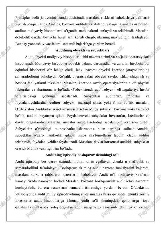 balans, daromadlar va zararlar hisoboti, pul oqimlari hisobotini o’z ichiga oladi. ichki nazorat obyekti korxona jarayonlarining samaradorligini baholaydi. xo’jalik operatsiyalari obyekti savdo, ishlab chiqarish va boshqa faoliyatlarni tekshiradi.masalan, korxona savdo operatsiyalarida audit obyekti fakturalar va shartnomalar bo’ladi. o’zbekistonda audit obyekti «buxgalteriya hisobi to’g’risida»gi qonunga asoslanadi. subyektlar auditorlar, mijozlar va foydalanuvchilardir. auditor subyekti mustaqil shaxs yoki firma bo’lib, masalan, o’zbekiston auditorlar assotsiatsiyasi a’zolari.mijoz subyekti korxona yoki tashkilot bo’lib, auditni buyurtma qiladi. foydalanuvchi subyektlar investorlar, kreditorlar va davlat organlaridir. masalan, investor audit hisobotiga asoslanib investitsiya qiladi. subyektlar o’rtasidagi munosabatlar shartnoma bilan tartibga solinadi.amalda, subyektlar o’zaro hamkorlik qiladi: mijoz ma’lumotlarni taqdim etadi, auditor tekshiradi, foydalanuvchilar foydalanadi. masalan, davlat korxonasi auditida subyektlar orasida moliya vazirligi ham bo’ladi. auditning iqtisodiy boshqaruv tizimidagi ro’li audit iqtisodiy boshqaruv tizimida muhim o’rin egallaydi, chunki u shaffoflik va samaradorlikni ta’minlaydi. boshqaruv tizimida audit nazorat funksiyasini bajaradi, masalan, korxona rahbariyati qarorlarini baholaydi. audit ro’li moliyaviy xavflarni kamaytirishda namoyon bo’ladi.masalan, korxona …