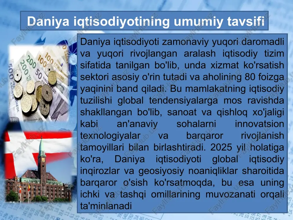 raqamli infratuzilmaga ega davlatlardan biriga aylandi.daniya tajribasi shuni ko‘rsatadiki, raqamlashtirish iqtisodiy o‘sishni tezlashtiradi, tashqi savdoni kengaytiradi va xalqaro iqtisodiy tizimdagi mavqeni mustahkamlaydi. foydalanilgan adabiyotlar va internet manbalari o‘zbekiston respublikasi prezidenti sh.m. mirziyoyevning “raqamli o‘zbekiston – 2030” strategiyasi to‘g‘risidagi farmoni. o‘zbekiston respublikasi vazirlar mahkamasining “raqamli iqtisodiyot sohasini rivojlantirish chora-tadbirlari to‘g‘risida”gi qarori, 2020-yil. karimov i.a. yuksak ma’naviyat – yengilmas kuch. – toshkent: ma’naviyat, 2015. xamidov b., qodirov s. raqamli iqtisodiyot asoslari. – toshkent: innovatsiya nashriyoti, 2022. mamatqulov b. jahon iqtisodiyoti va globalizatsiya jarayonlari. – toshkent: iqtisodiyot, 2021. oecd. digital government review of denmark. – paris: oecd publishing, 2022. https://www.oecd.org european commission. denmark digital economy and society index (desi) 2024. https://digital-strategy.ec.europa.eu world bank. denmark digital development overview. https://www.worldbank.org international monetary fund (imf). denmark: selected issues in the digital transformation. https://www.imf.org