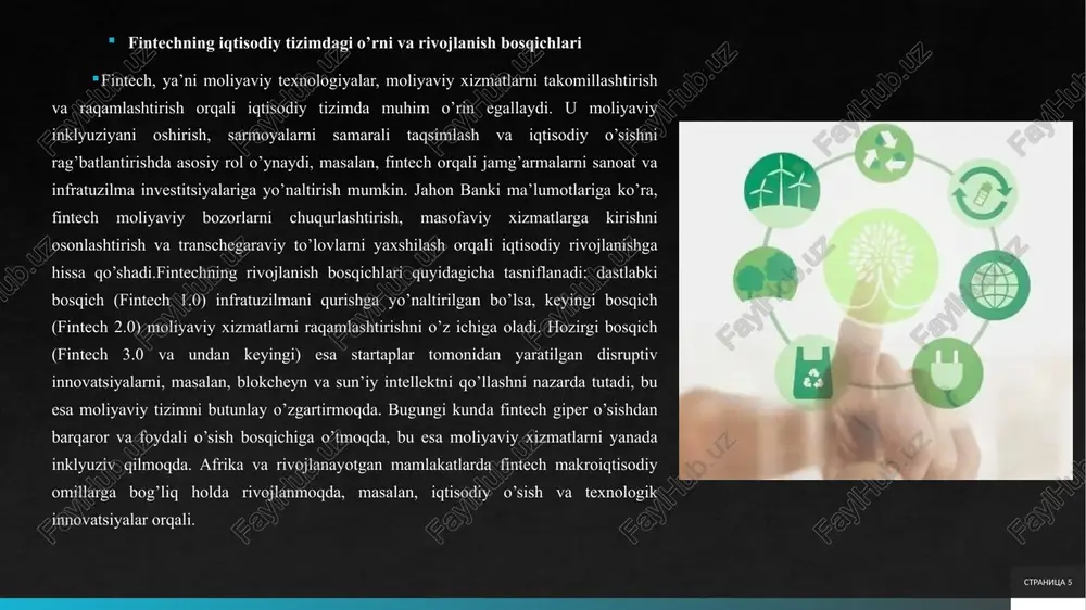 lashtirilmagan tarmoq orqali ma’lumotlarni saqlaydi, bu esa an’anaviy tizimlardagi ortiqcha energiya sarfini kamaytiradi. blokcheynning asosiy afzalligi – uglerod chiqindilarini hisoblash va boshqarishda aniqlik ta’minlashdir. masalan, blokcheyn orqali uglerod kreditlari savdosi amalga oshiriladi, bu korxonalarga o’z chiqindilarini qoplashga yordam beradi.blokcheynning ekologik mexanizmlari quyidagilardan iborat. birinchidan, u uglerod izini real vaqt rejimida kuzatish imkonini beradi. korxonalar o’z faoliyatidagi chiqindilarni blokcheynga yozib, ularni shaffof tarzda baholaydi. ikkinchidan, blokcheyn energiya tejamkor algoritmlardan foydalanadi. an’anaviy blokcheynlar, masalan, bitcoin, katta energiya sarflaydi, ammo yashil versiyalar, xususan, proof-of-stake mexanizmi, energiya sarfini 99 foizga qisqartiradi. bu yondashuv orqali blokcheyn ekologik loyihalarni moliyalashtirishda ishlatiladi. stranitsa 11 stranitsa 12 sun’iy intellekt va “big data” asosida ekologik risklarni tahlil qilish sun’iy intellekt (si) va katta ma’lumotlar (big data) texnologiyalari moliya sektorida ekologik xavflarni baholashda yangi imkoniyatlarni ochmoqda. ushbu texnologiyalar ma’lumotlarni tez va aniq qayta ishlash orqali iqlim o’zgarishlarining moliyaviy ta’sirini bashorat qiladi. si algoritmlari katta hajmdagi ma’lumotlarni tahlil qilib, xavflarni oldindan …