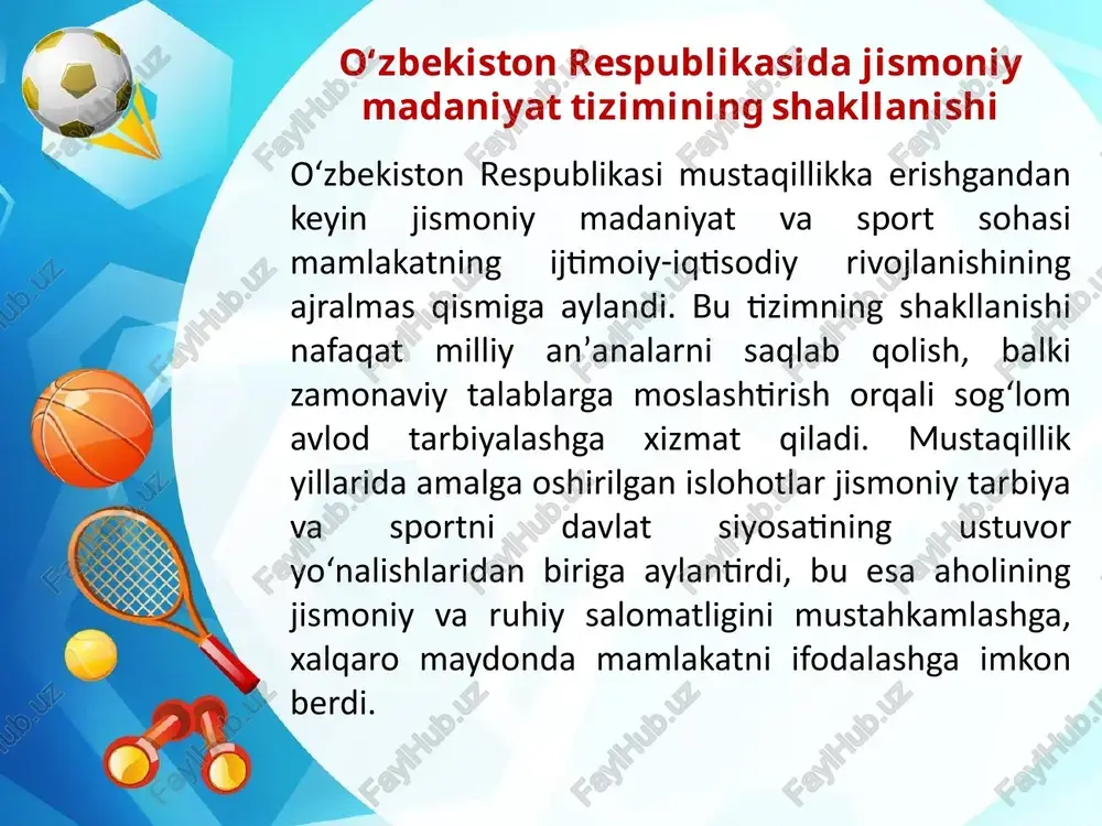 shi lozim. uning samarali rivoji jamiyatda sog‘lom turmush tarzini shakllantirish, mehnat unumdorligini oshirish va ijtimoiy faollikni kuchaytirishga xizmat qiladi. o‘zbekiston respublikasining “jismoniy tarbiya va sport to‘g‘risida”gi qonuni. – toshkent: adolat, 2015. o‘zbekiston respublikasi prezidentining “jismoniy tarbiya va ommaviy sportni yanada rivojlantirish chora-tadbirlari to‘g‘risida”gi qarori. – 2017-yil 3-iyun. karimov i.a. “yuksak ma’naviyat – yengilmas kuch”. – toshkent: ma’naviyat, 2008. o‘zbekiston milliy olimpiya qo‘mitasi rasmiy sayti – www.olympic.uz o‘zbekiston respublikasi jismoniy tarbiya va sport vazirligi rasmiy portali – www.mfys.uz foydalanilgan adabiyotlar: image2.png image3.jpeg image4.jpeg image5.png image6.jpeg image7.png image8.jpeg image9.png image1.jpg /docprops/thumbnail.jpeg
