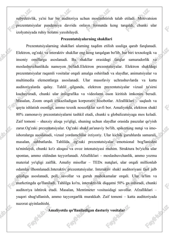 nlab odamlar ilhomlanadi.interaktiv prezentatsiyalar. interaktiv shakl auditoriyani faol jalb qilishga asoslanadi, poll, savollar va guruh muhokamalar orqali. ular ta'lim va marketingda qo'llaniladi. tahlilga ko'ra, interaktivlik diqqatni 50% ga oshiradi, chunki auditoriya ishtirok etadi. masalan, mentimeter vositasidagi savollar. afzalliklari – yuqori shug'ullanish, ammo tayyorgarlik murakkab. zaif tomoni – katta auditoriyada nazorat qiyinlashishi. amaliyotda qo'llaniladigan dasturiy vositalar prezentatsiyalarni yaratishda dasturiy vositalar muhim rol o'ynaydi. powerpoint, google slides va canva eng mashhurlari bo'lib, ularning har biri o'ziga xos xususiyatlarga ega.powerpoint. microsoft powerpoint professional prezentatsiyalar uchun standart vosita bo'lib, animatsiyalar va tranzitsiyalarni qo'llab-quvvatlaydi. afzalliklari – batafsil sozlash, ammo o'rganish qiyin. amaliyotda biznesda keng ishlatiladi, chunki ofis integratsiyasi bor.google slides. google slides bulutli platforma bo'lib, real vaqtda hamkorlikni ta'minlaydi. afzalliklari – bepul va mobil moslashuv, ammo dizayn cheklangan. ta'limda ideal, chunki jamoaviy ish oson.canva. canva dizayn yo'naltirilgan bo'lib, shablonlar va drag-and-drop interfeysiga ega. afzalliklari – ijodkorlik, ammo murakkab animatsiyalar yo'q. marketingda mashhur, chunki vizual jozibador.boshqa …